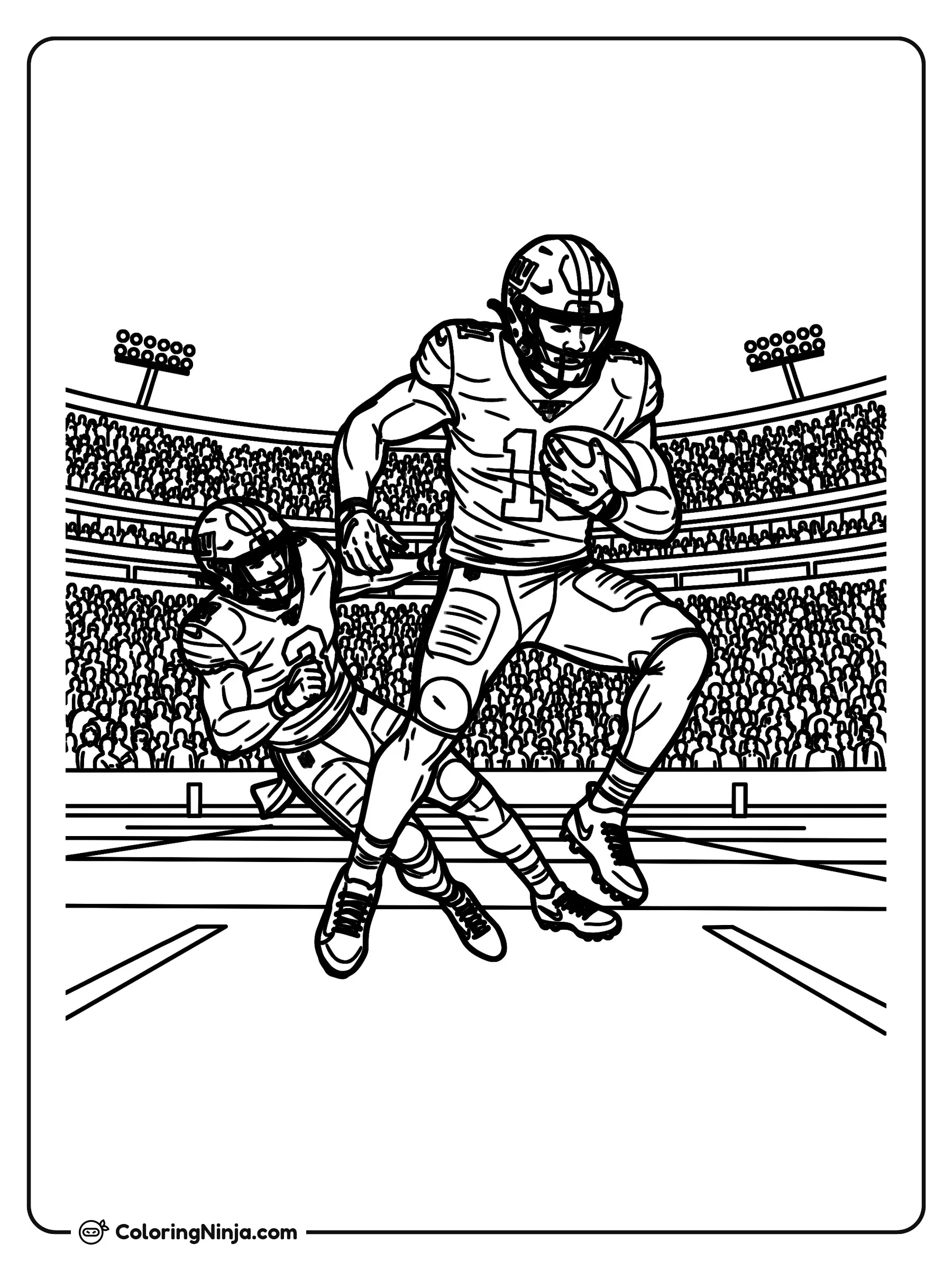 Jugada evasiva de Saquon Barkley en el estadio, dibujo para colorear: La estrella del fútbol americano Saquon Barkley realiza un ágil esquive para eludir a un defensor en el campo.