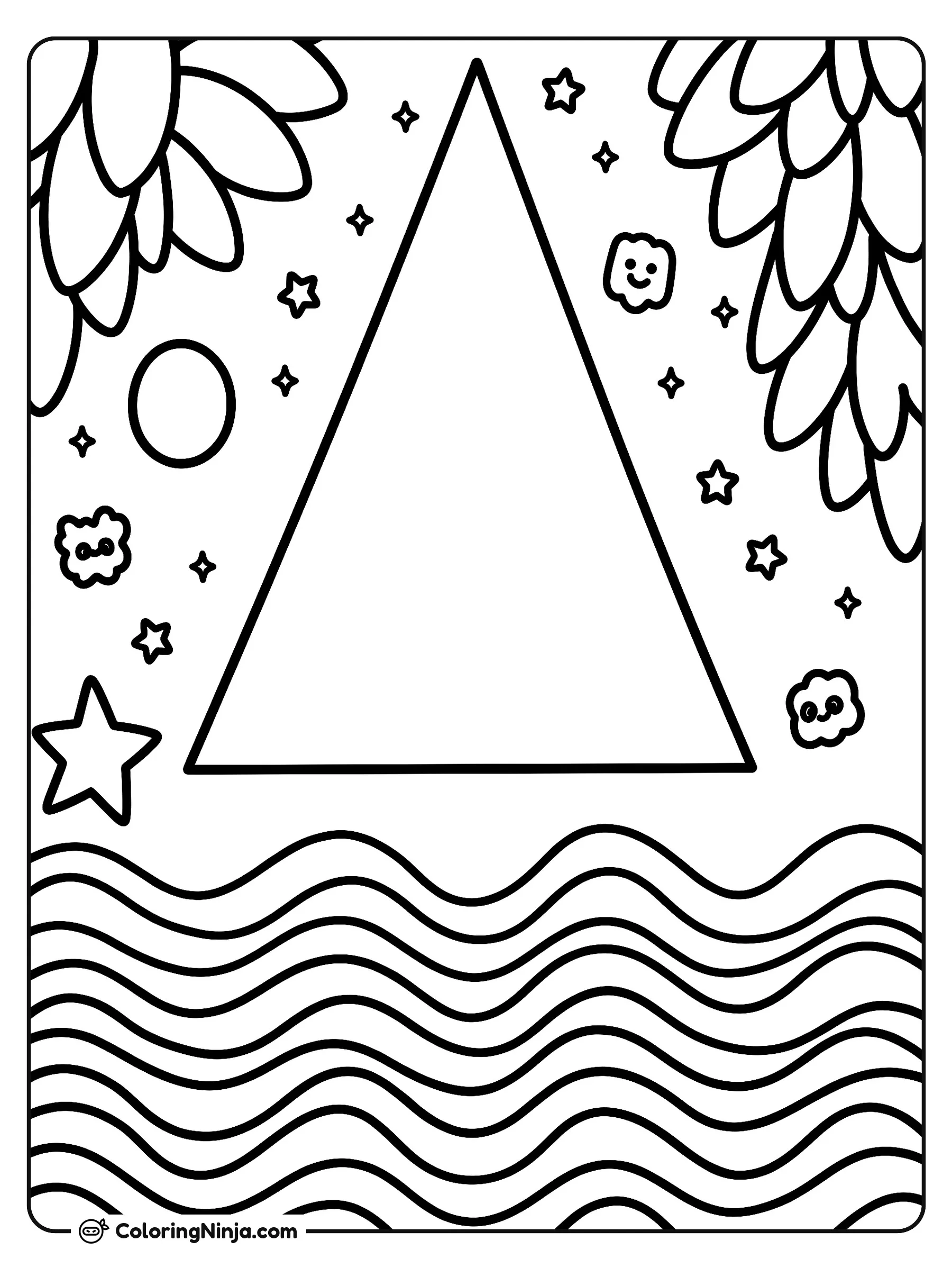Formas geométricas y patrones divertidos, dibujo para colorear: Un gran triángulo central se eleva sobre una serie de ondas onduladas en la parte inferior.
