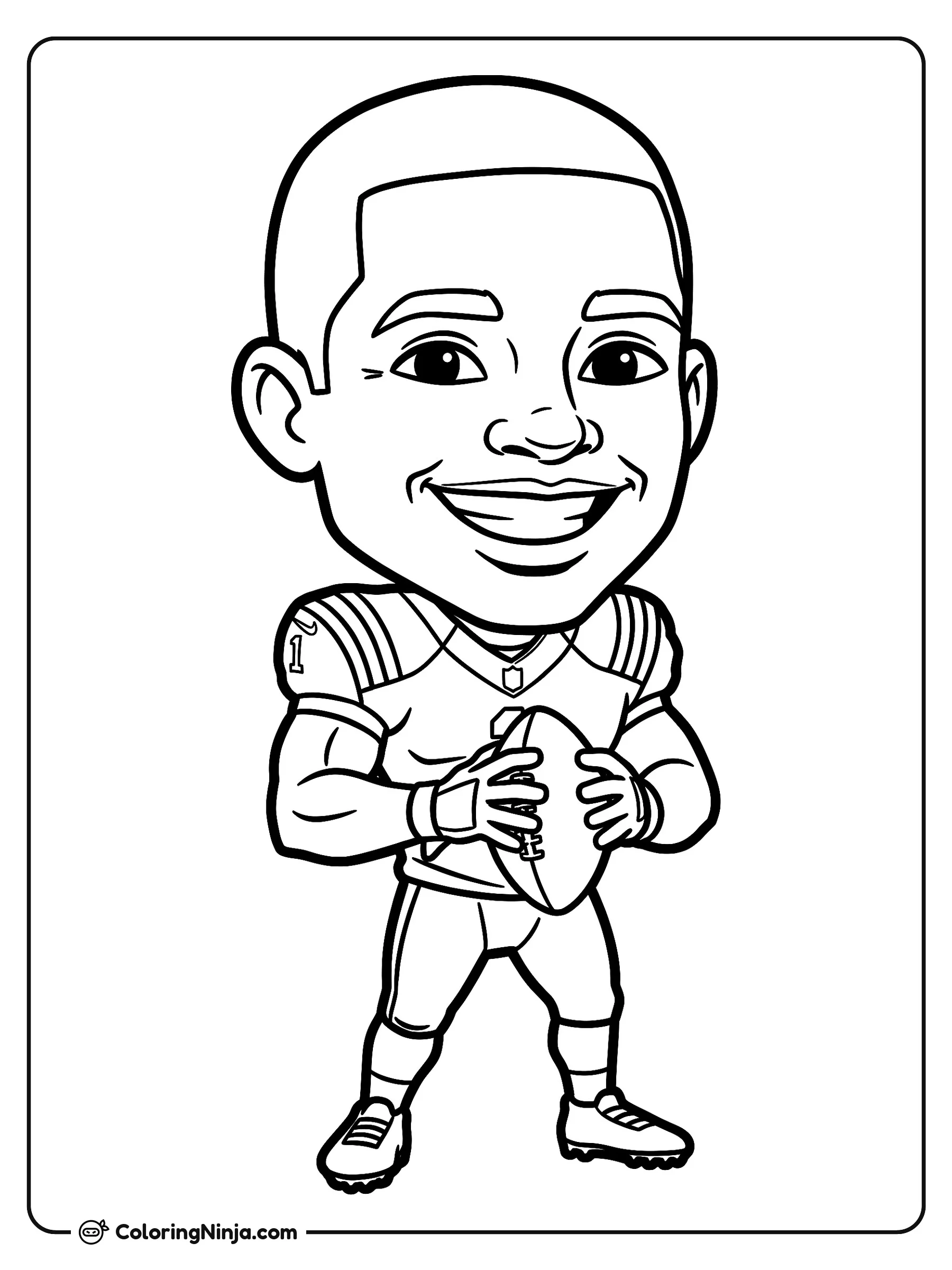 Sauce Gardner al Estilo Dibujo Animado, dibujo para colorear: Sauce Gardner posa con confianza mientras sostiene un balón de fútbol americano con ambas manos. Sonríe alegremente vistiendo su uniforme deportivo completo con jersey, hombreras y tacos.