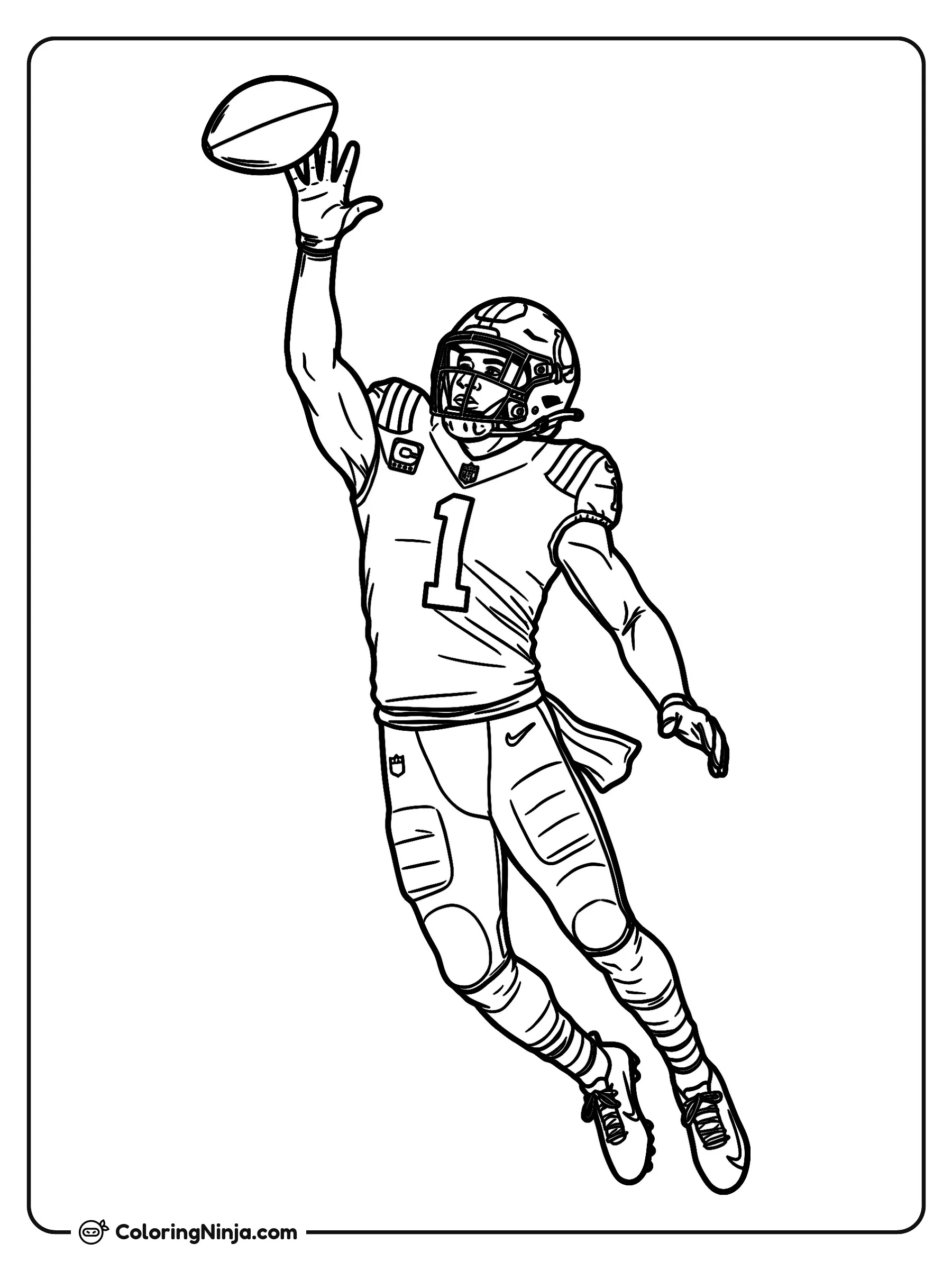 Sauce Gardner desviando un pase, dibujo para colorear: Sauce Gardner salta por los aires para desviar un balón de fútbol americano en pleno vuelo.