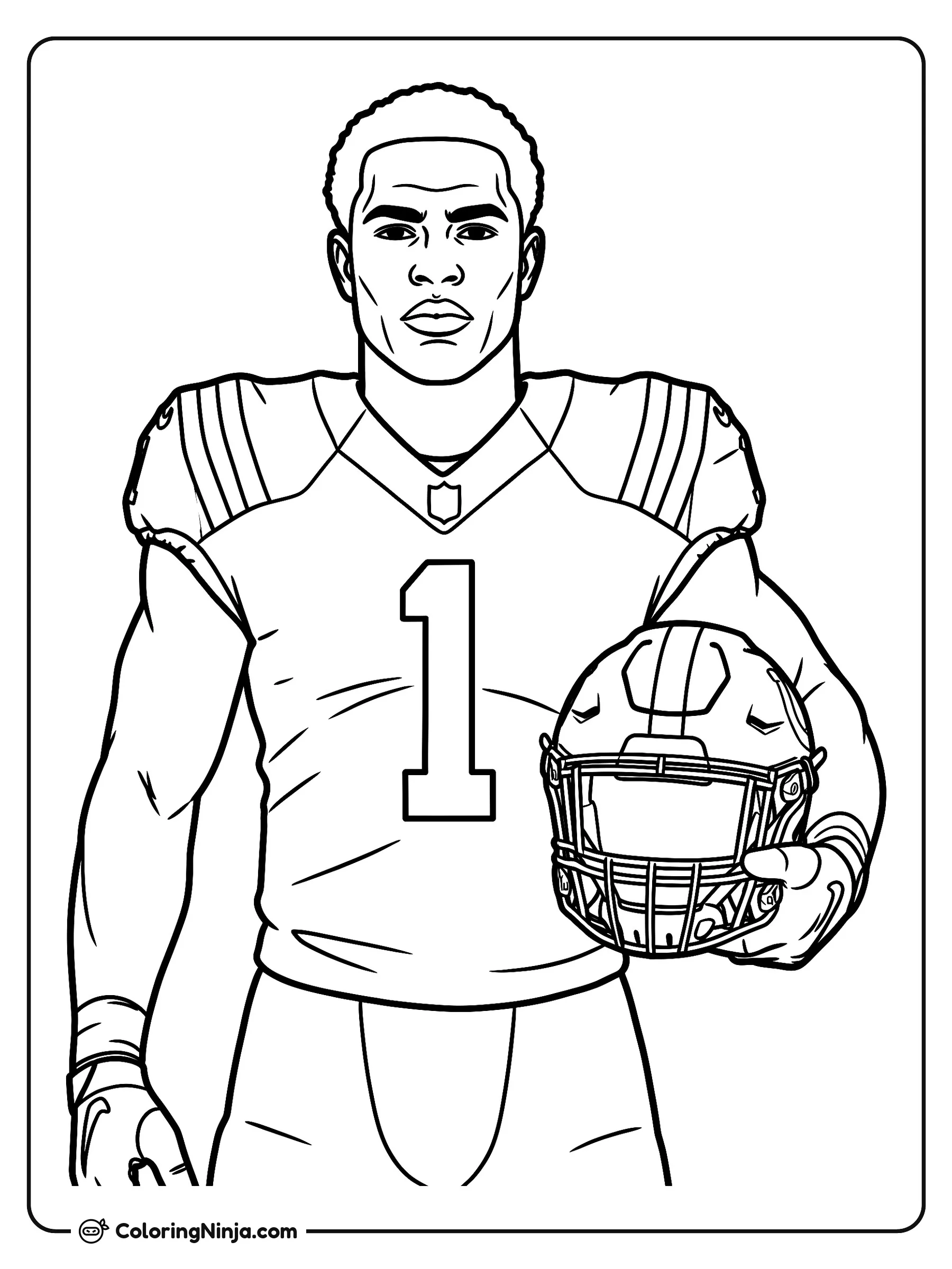 Retrato de Sauce Gardner con casco, dibujo para colorear: El jugador de fútbol americano Sauce Gardner posa con su uniforme deportivo y el número uno en el jersey. Lleva su casco detallado bajo el brazo mientras mira hacia al frente.
