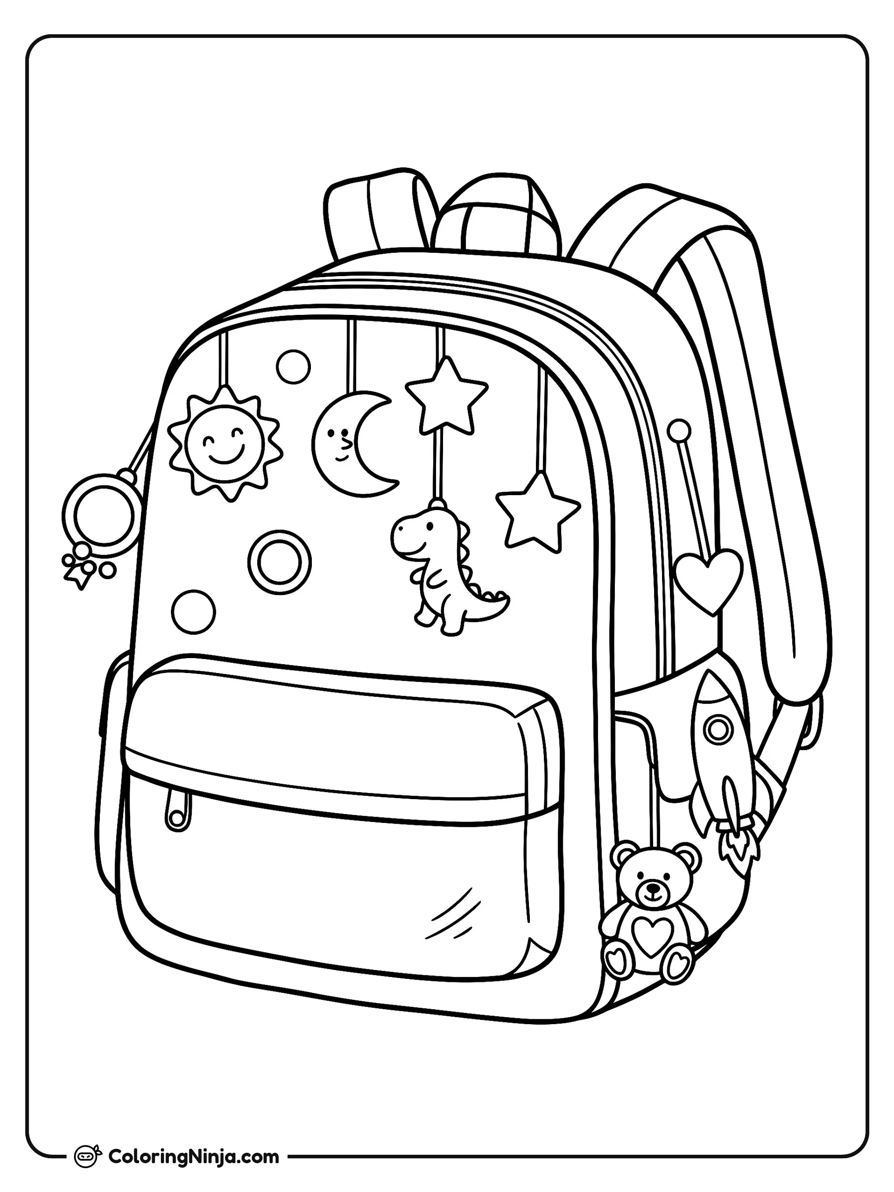 Mochila Escolar con Colgantes y Adornos, dibujo para colorear: Una detallada mochila escolar decorada con divertidos dijes colgantes como un sol sonriente, una luna, estrellas, un dinosaurio, un cohete y un osito de peluche.