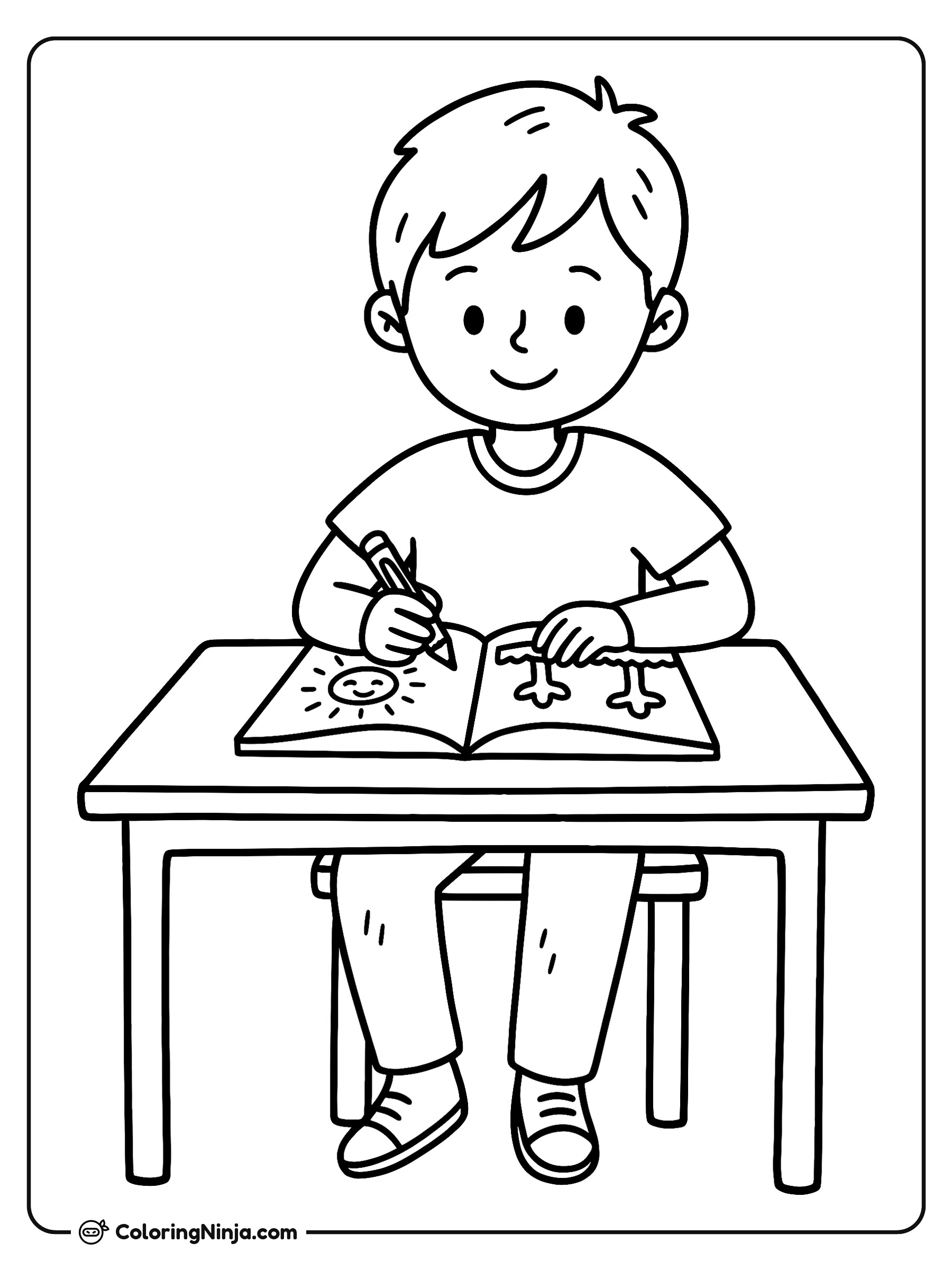 Niño escolar sentado en su escritorio: dibujo para colorear