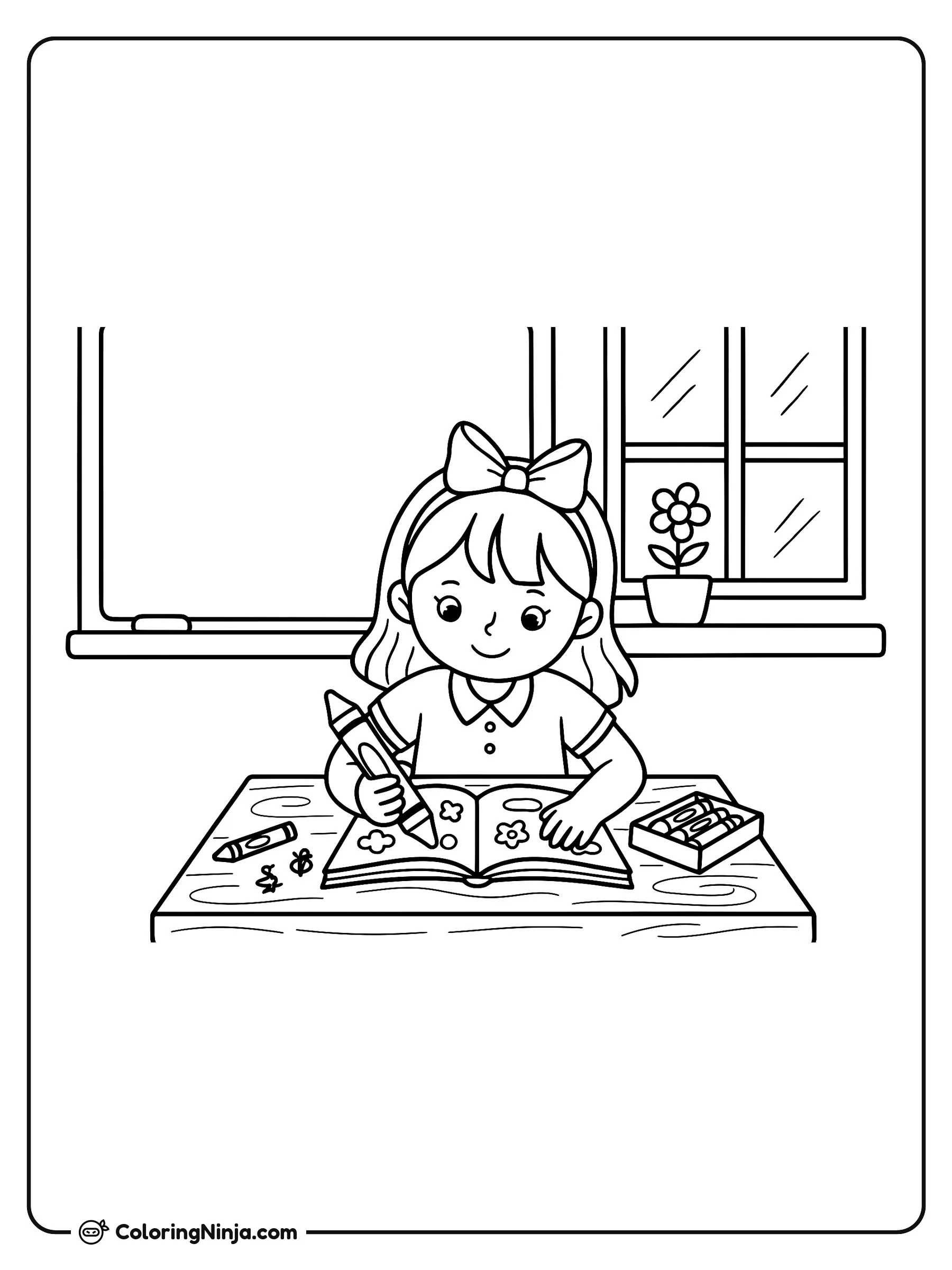 Niña en su escritorio de la escuela, dibujo para colorear: Una alegre estudiante está sentada en su escritorio de madera dibujando flores en su libreta con crayones. Al fondo se observa un pizarrón y una ventana con una linda maceta.