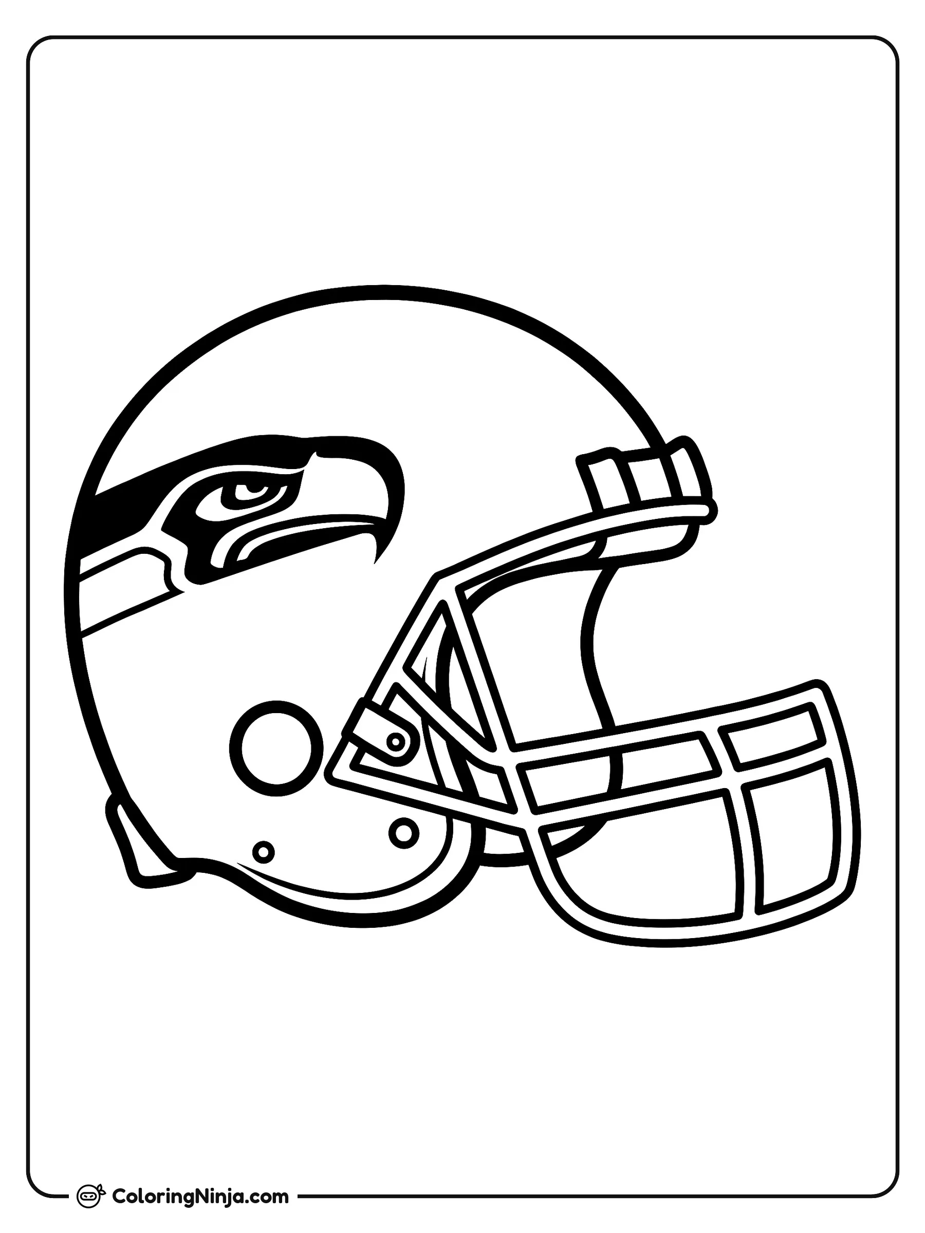 Casco de los Seattle Seahawks, dibujo para colorear: Un casco de fútbol americano de los Seattle Seahawks que muestra el emblema del ave a un costado y una rejilla de protección en el frente.