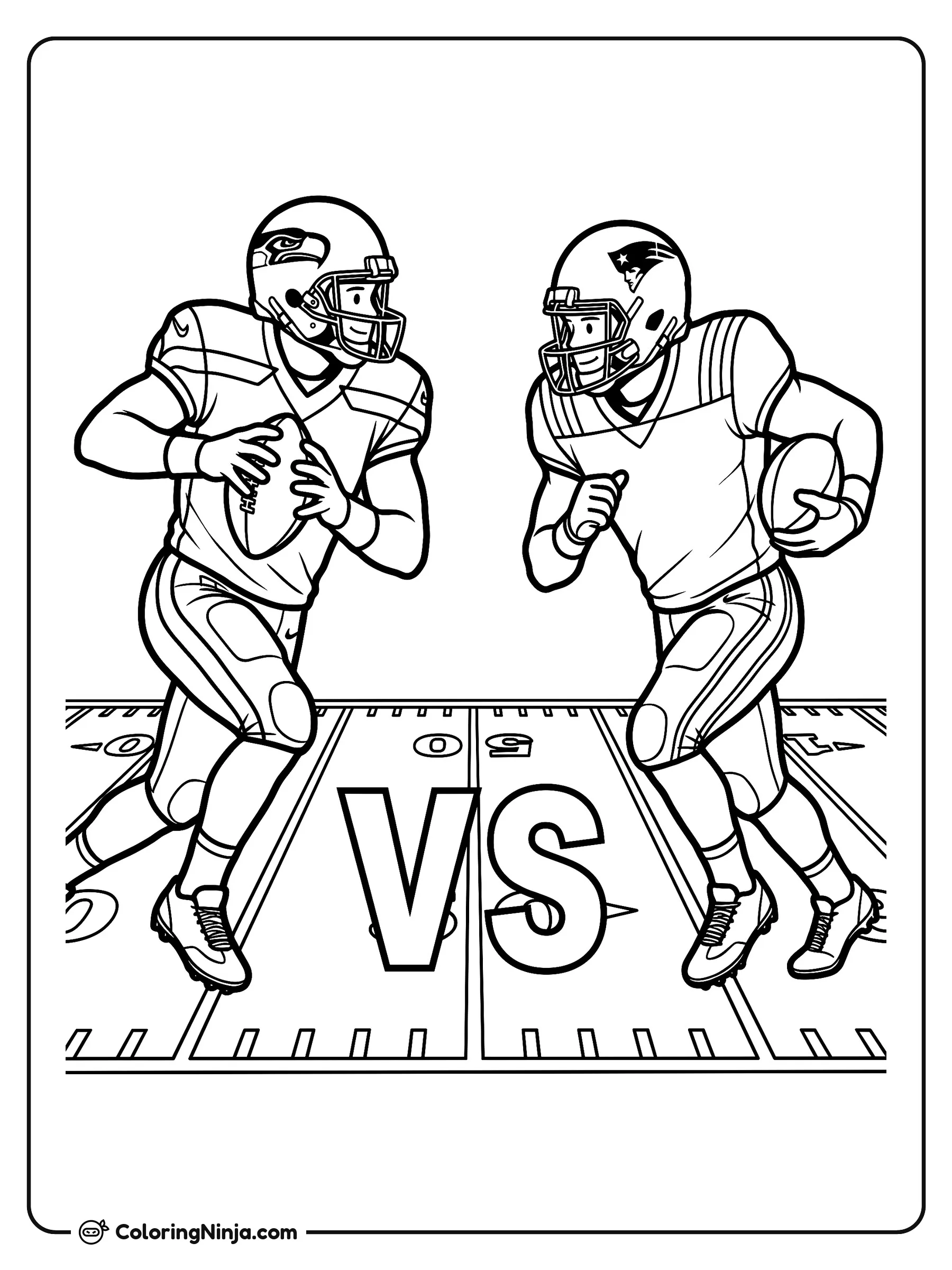 Seattle Seahawks contra New England Patriots, dibujo para colorear: Dos jugadores de fútbol americano de los Seattle Seahawks y los New England Patriots corren por la cancha con sus balones.