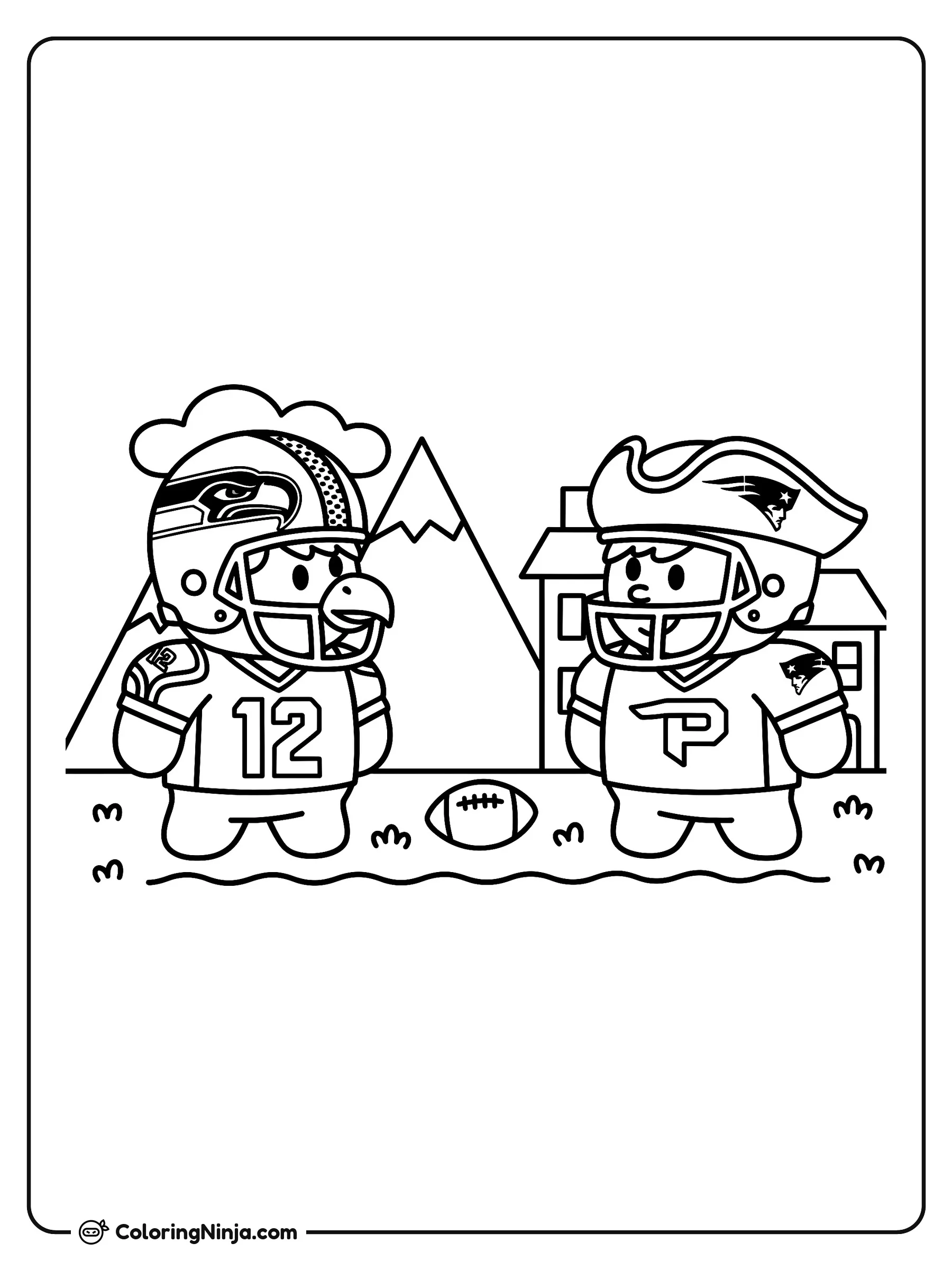 Mascotas de Seattle Seahawks y Patriots, dibujo para colorear: Las mascotas en versión animada de los Seattle Seahawks y los Patriots están frente a frente en un campo de fútbol americano con un balón sobre el pasto.