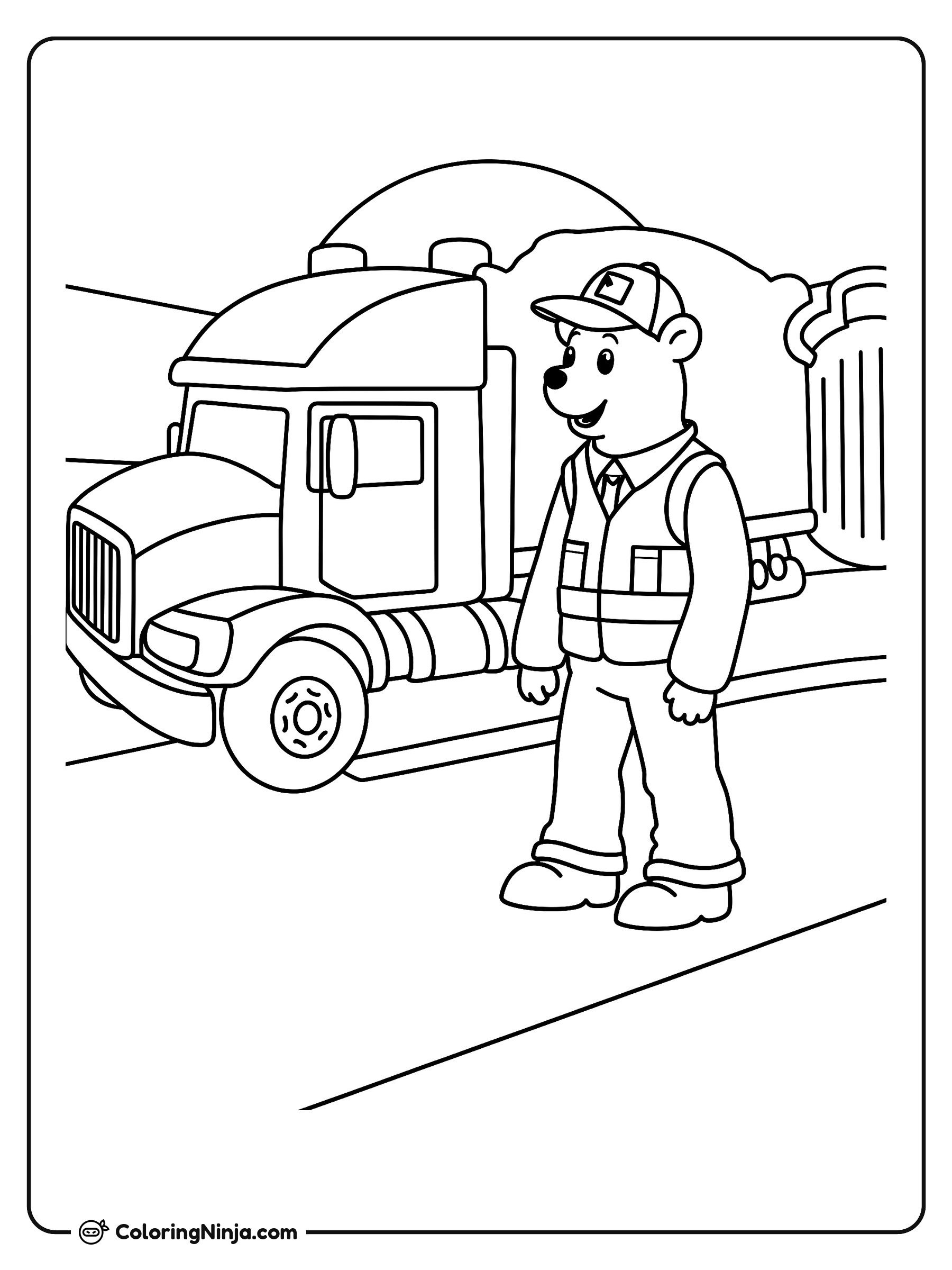 Oso guardia de seguridad y camión: dibujo para colorear