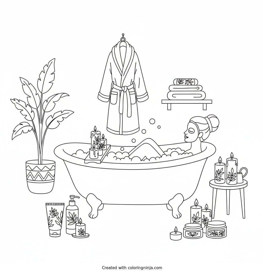 Coloring page of Self-care spa scene with skincare products and candles