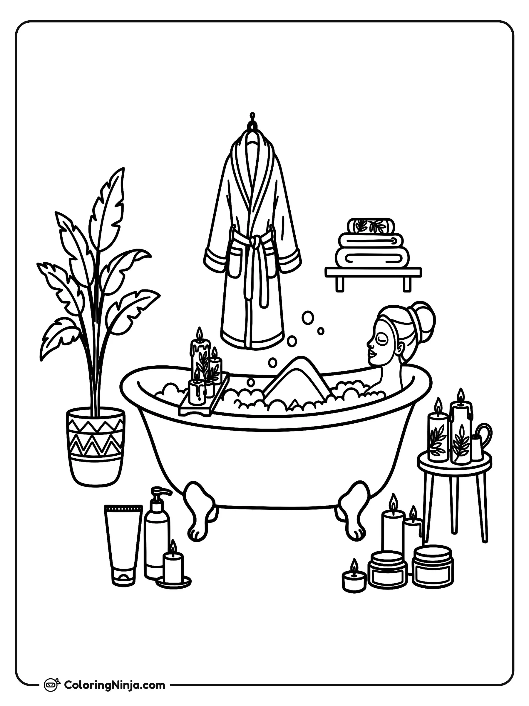 Día relajante en el spa, dibujo para colorear: Una mujer descansa en una tina con patas llena de burbujas de jabón mientras lleva una mascarilla facial.