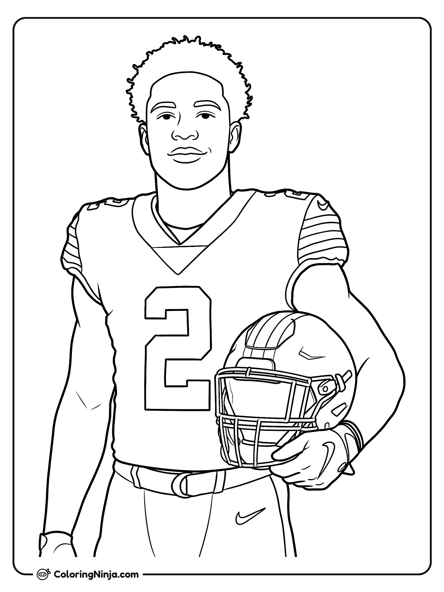 Retrato de Shedeur Sanders con Casco, dibujo para colorear: El jugador de fútbol americano Shedeur Sanders posa con su uniforme y el número dos en el pecho. Sostiene su casco bajo el brazo mientras mira hacia al frente con una leve sonrisa.