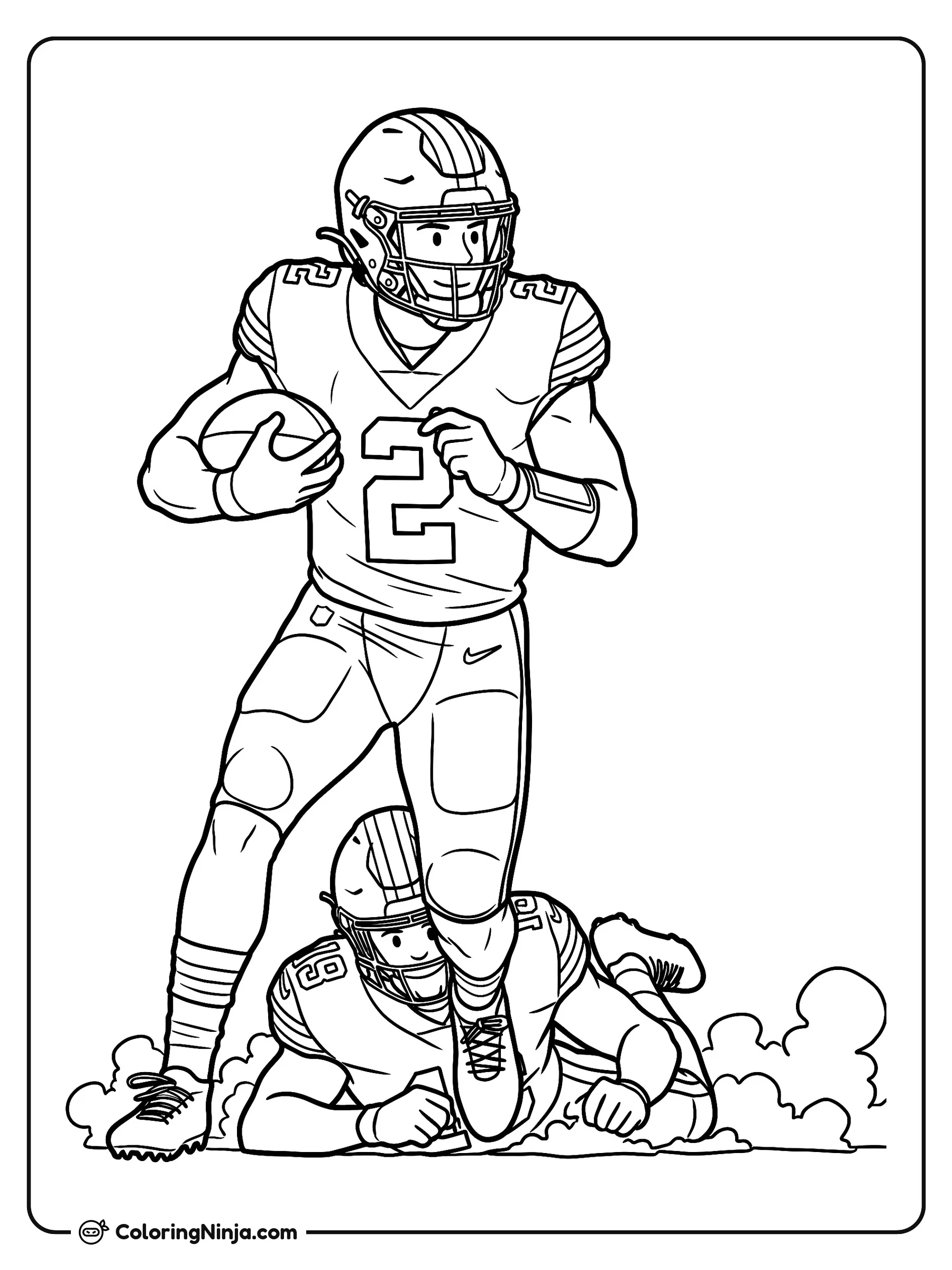 Carrera de Shedeur Sanders, dibujo para colorear: Shedeur Sanders avanza rápidamente durante una intensa jugada de fútbol americano mientras lleva el balón bien sujeto bajo el brazo.
