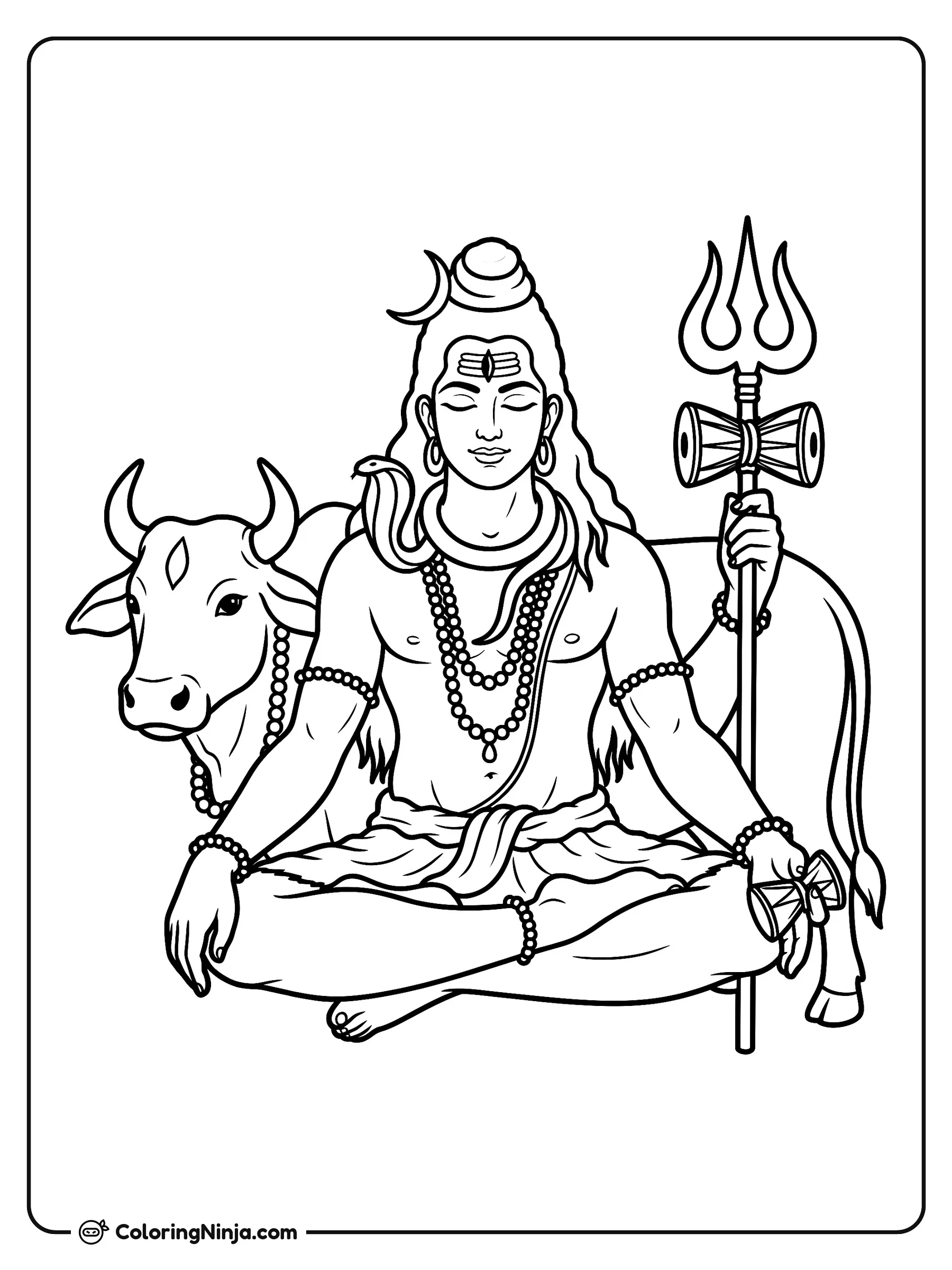El dios Shiva en meditación, dibujo para colorear: Shiva se encuentra sentado tranquilamente en una postura de meditación con los ojos cerrados, luciendo collares de cuentas, brazaletes y una serpiente sobre sus hombros.