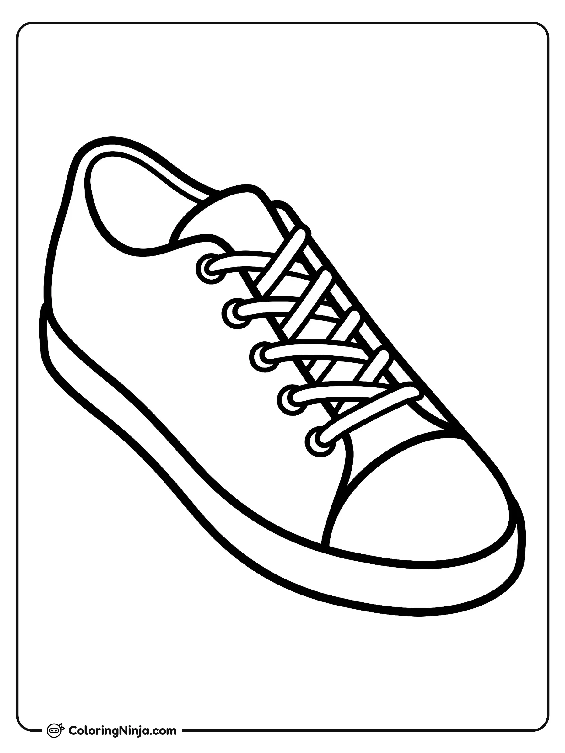 Un Zapato Tenis Deportivo, dibujo para colorear: Un tenis individual muestra sus agujetas cruzadas pasadas por ojales redondos en el frente. El calzado descansa sobre una suela gruesa y plana con una puntera bien definida.