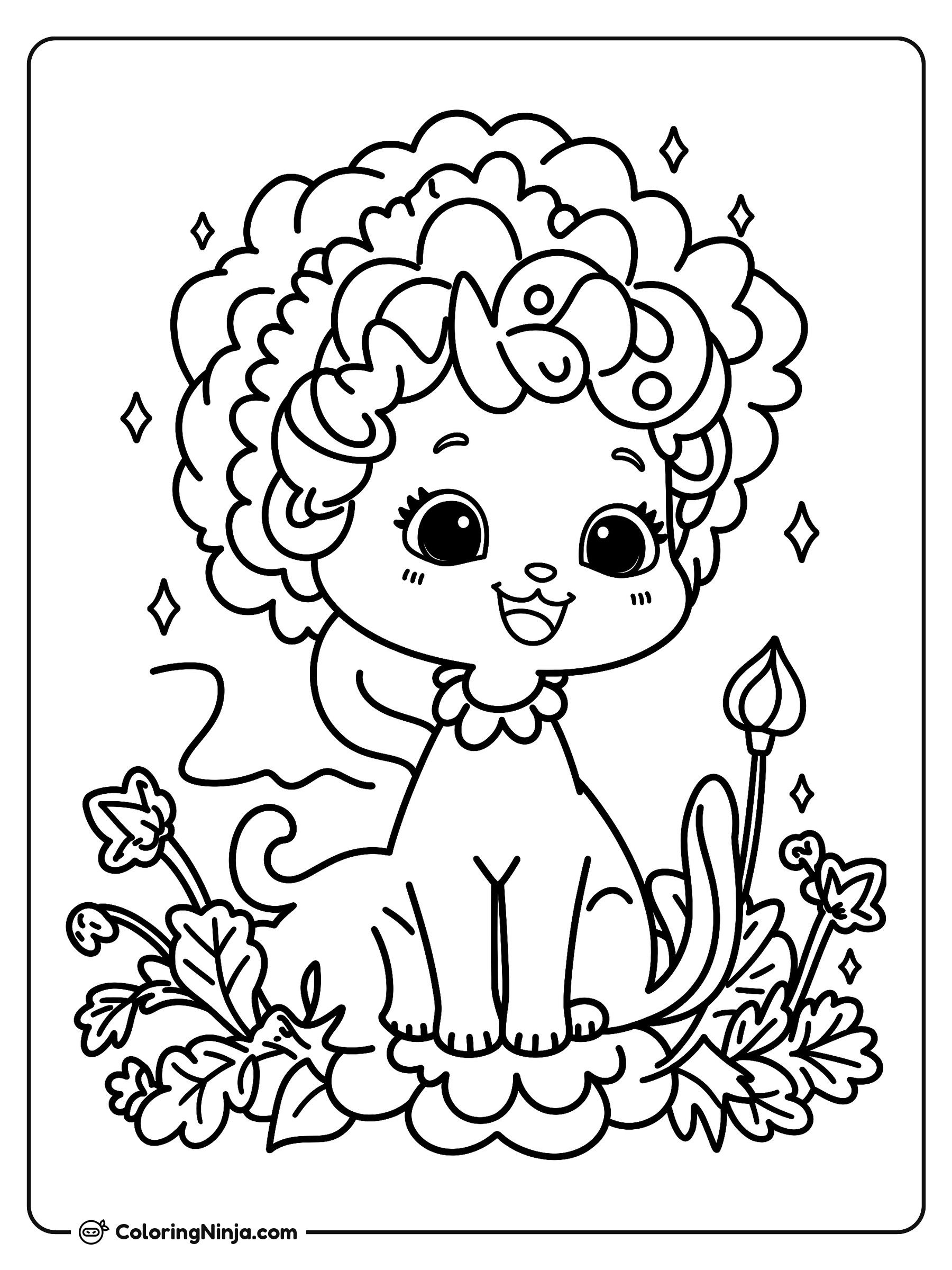 Gatito alegre en un jardín hermoso: dibujo para colorear