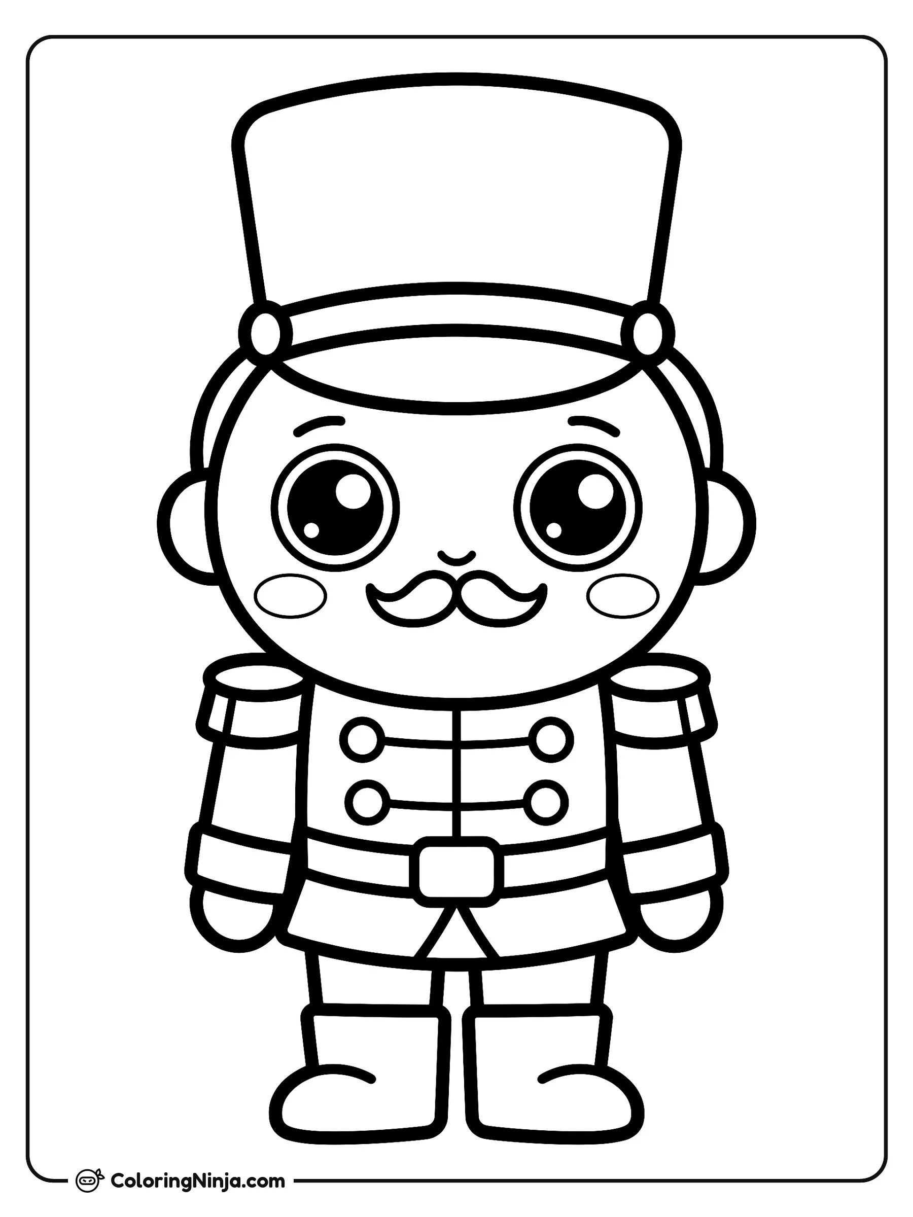 Adorable Kawaii Nutcracker Coloring Page: A tiny, cute nutcracker character features an oversized round head, huge shiny eyes, and small rosy cheek circles. He wears a simplified uniform with two big buttons and a small top hat.