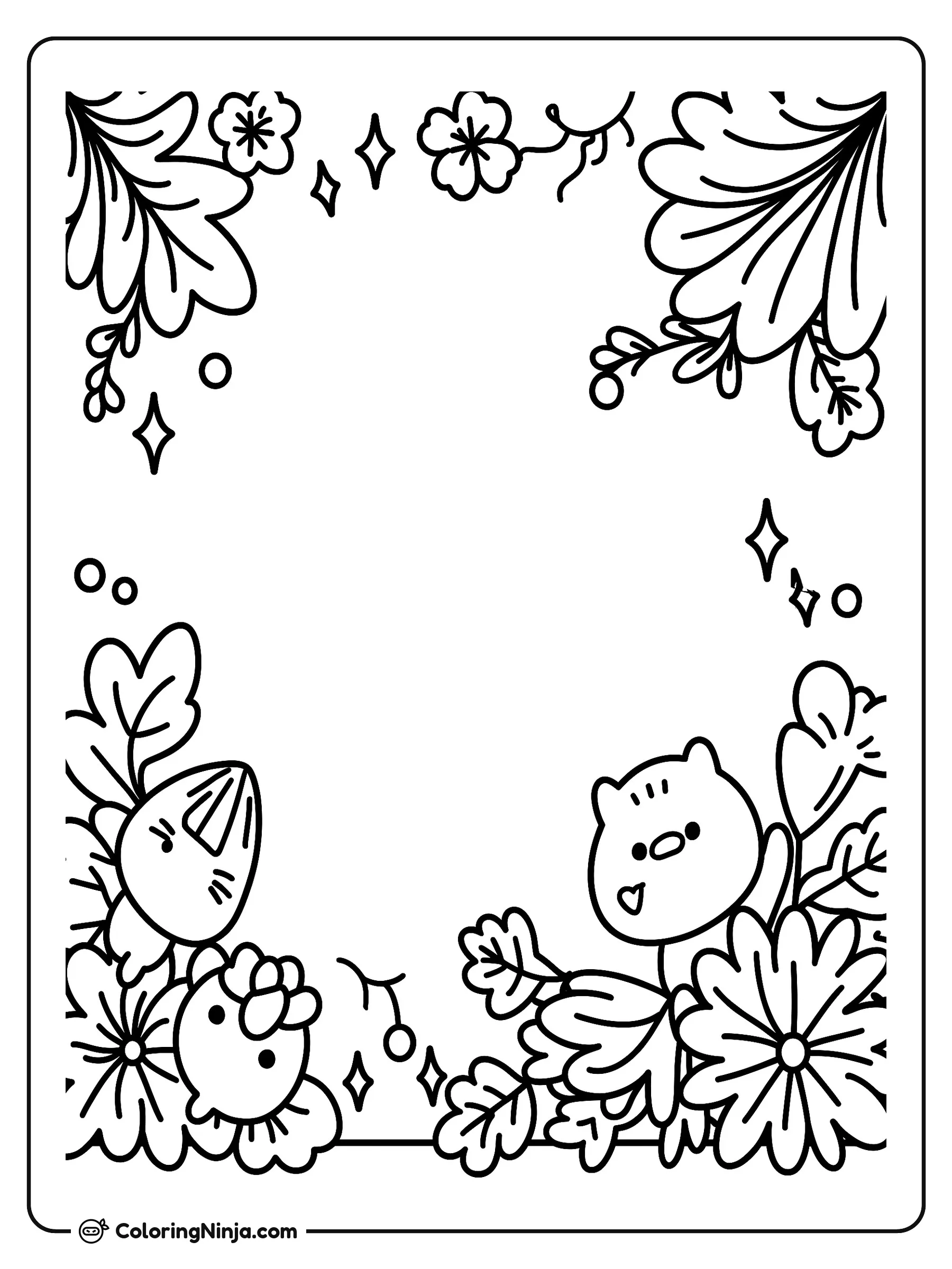 Marco floral con tiernos animales, dibujo para colorear: Pequeños y adorables animales se asoman entre frondosas flores y hojas en la parte inferior de este marco decorativo.