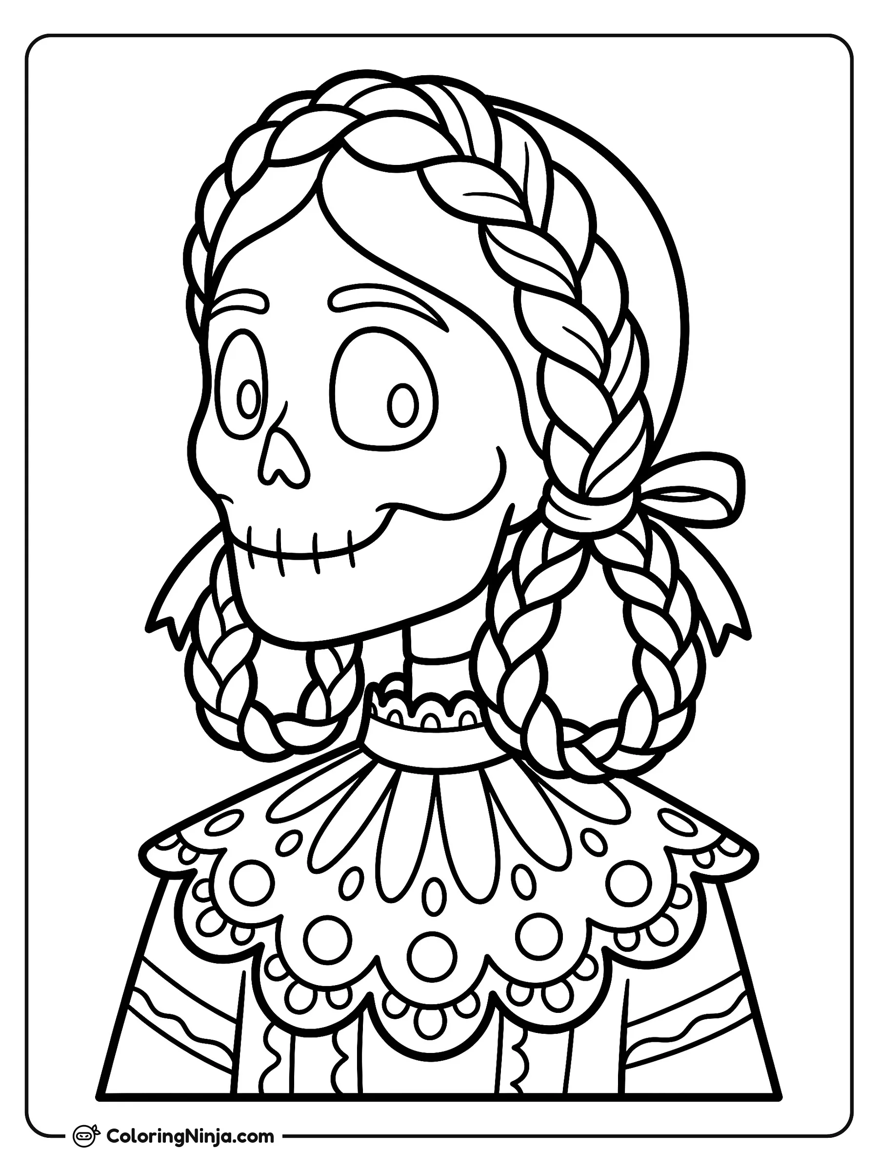 Perfil de La Catrina con trenzas, dibujo para colorear: Esta página muestra un retrato de perfil de La Catrina con detalladas trenzas entrelazadas y adorno tradicional.