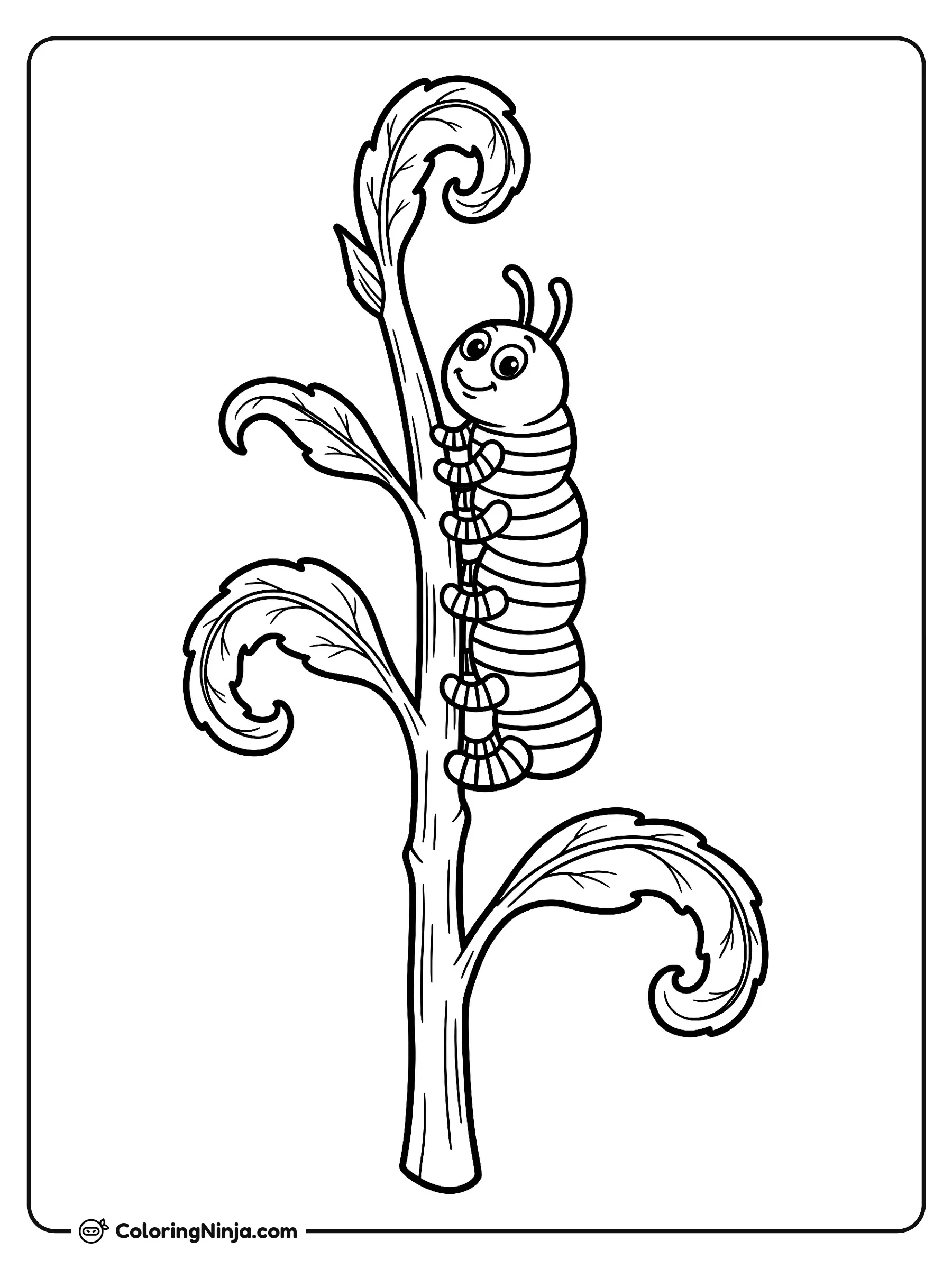Oruga alegre con calcetines rayados, dibujo para colorear: Una simpática oruga que lleva pequeños calcetines a rayas en sus patas sube por el tallo de una planta.