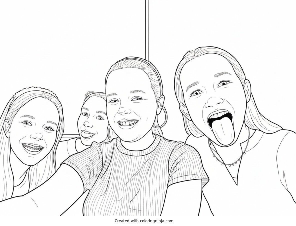 Coloring page of Silly Girls Posing for a Selfie