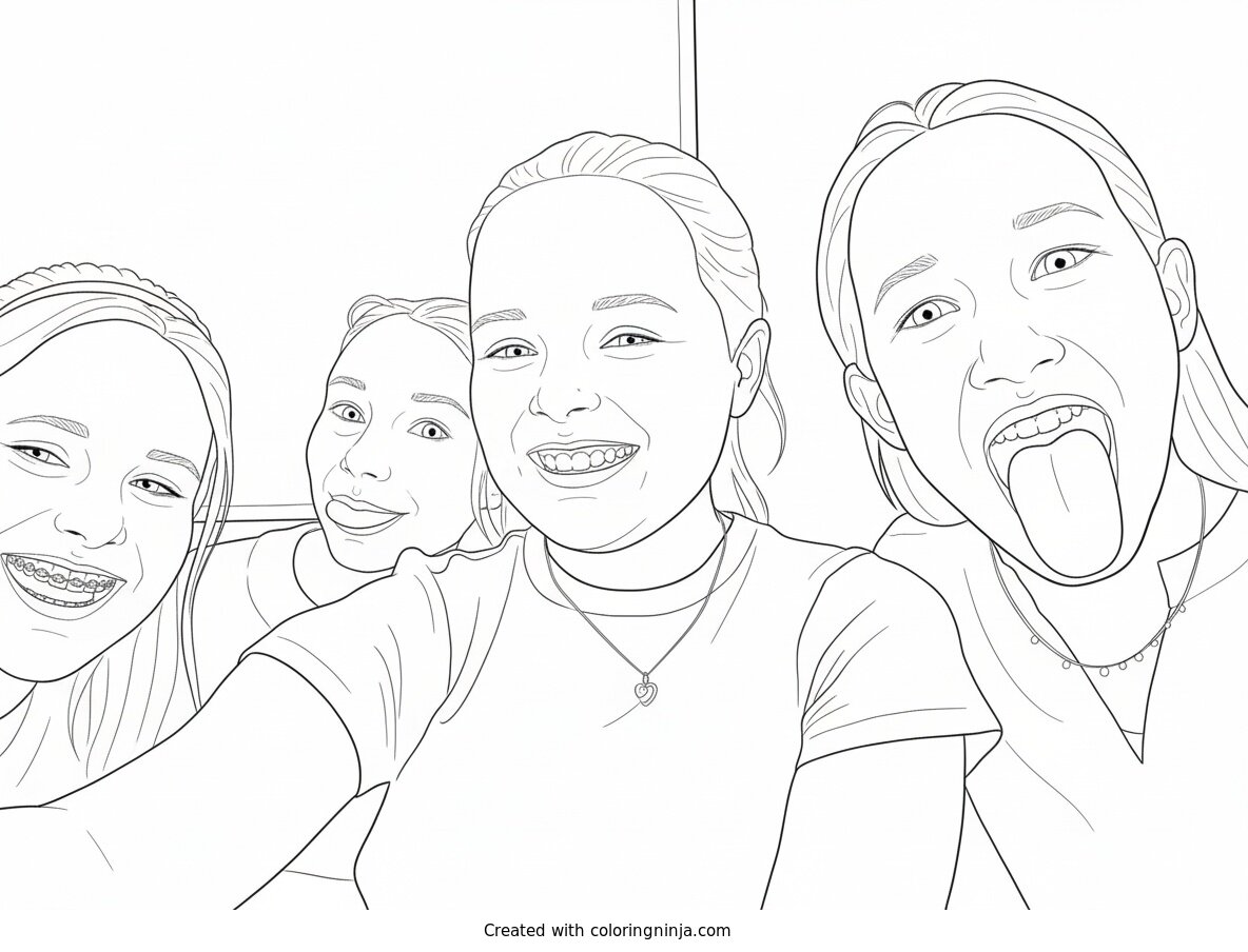 Coloring page of Silly Girls Posing for a Selfie