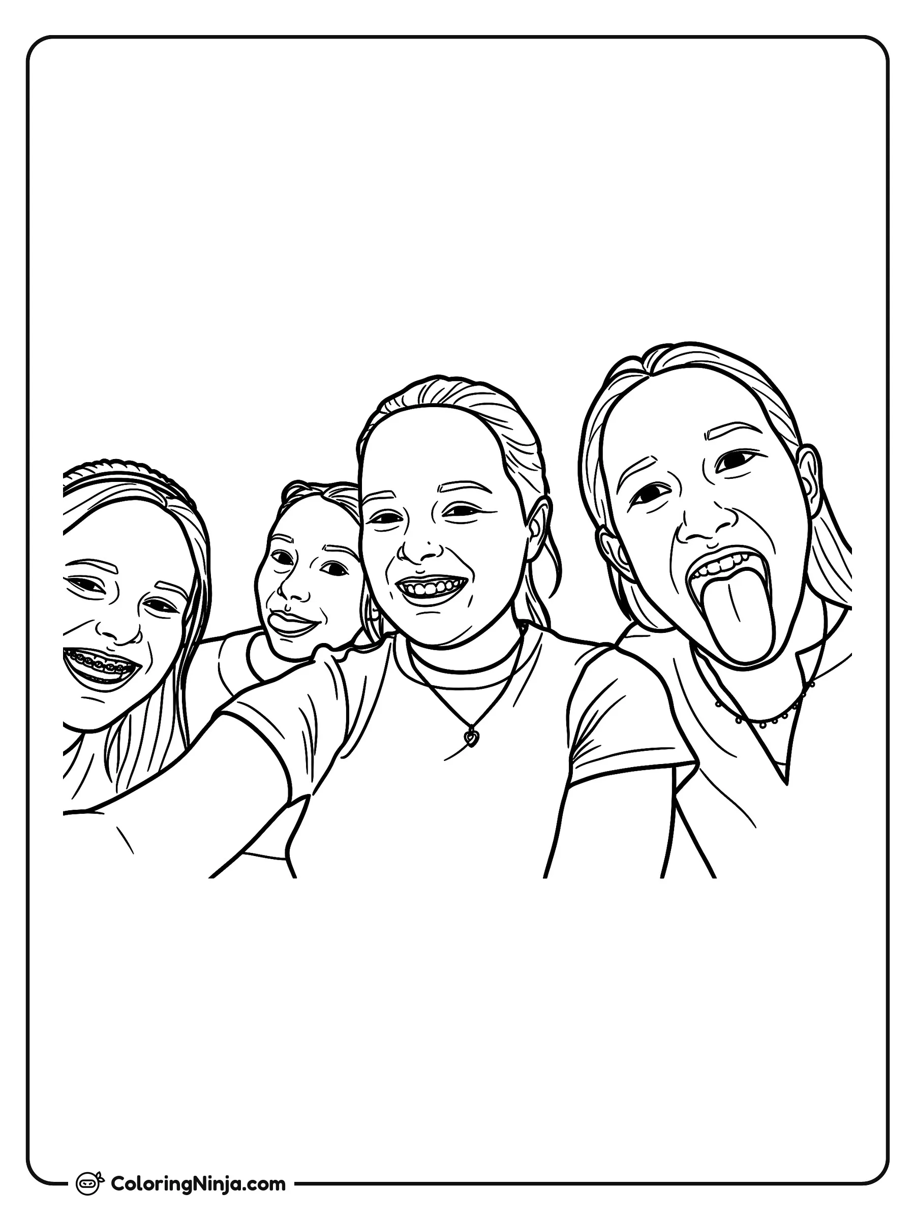 Niñas divertidas posando para una selfie, dibujo para colorear: Cuatro niñas muy alegres se juntan para tomarse una divertida foto en primer plano, mostrando sonrisas con frenos y gestos chistosos.