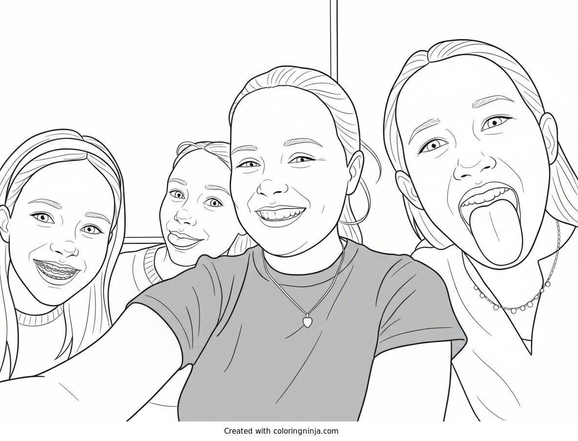 Coloring page of Silly Girls Smiling Together for a Selfie