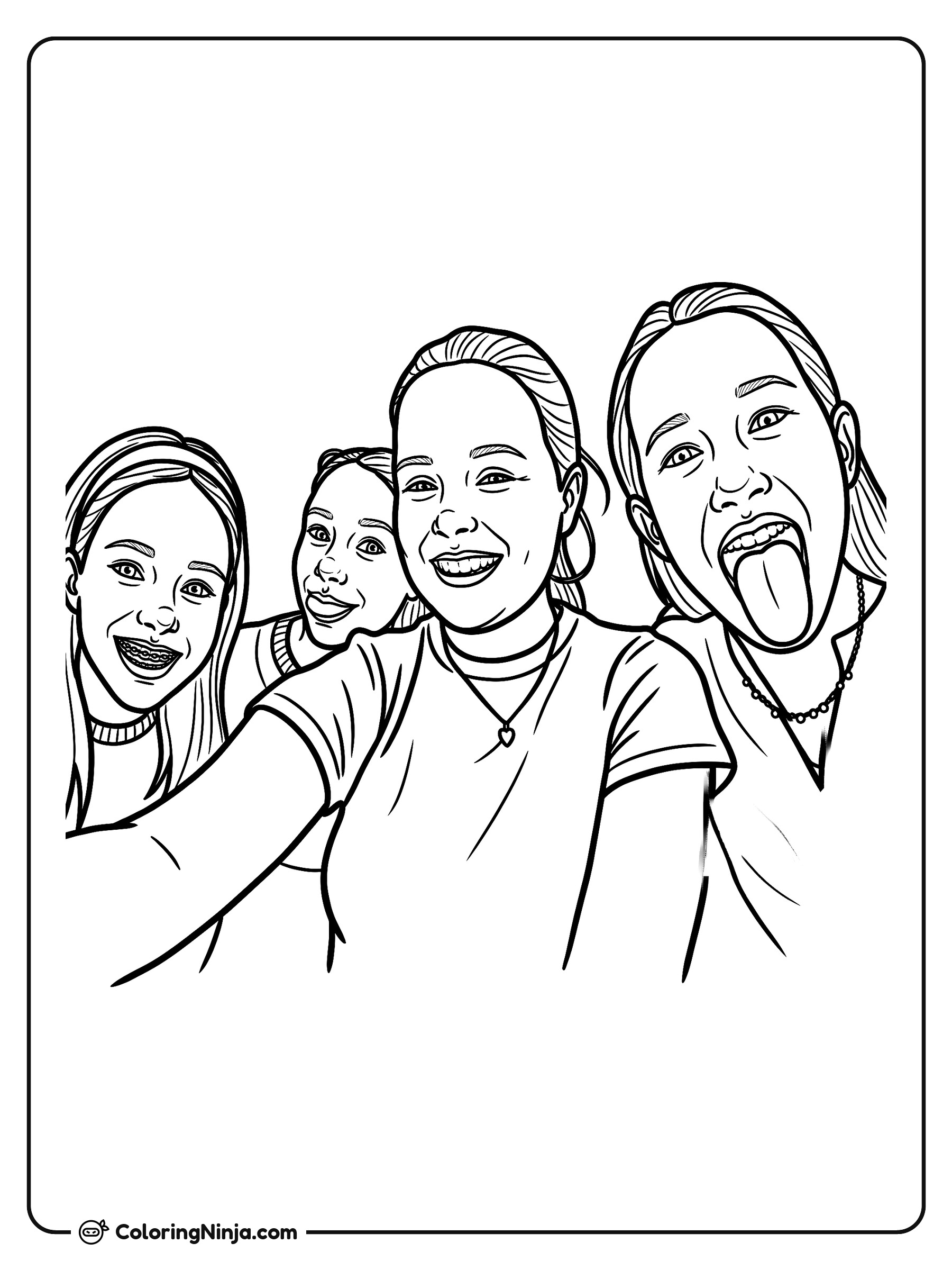 Cuatro amigas sonrientes tomándose una selfie: dibujo para colorear