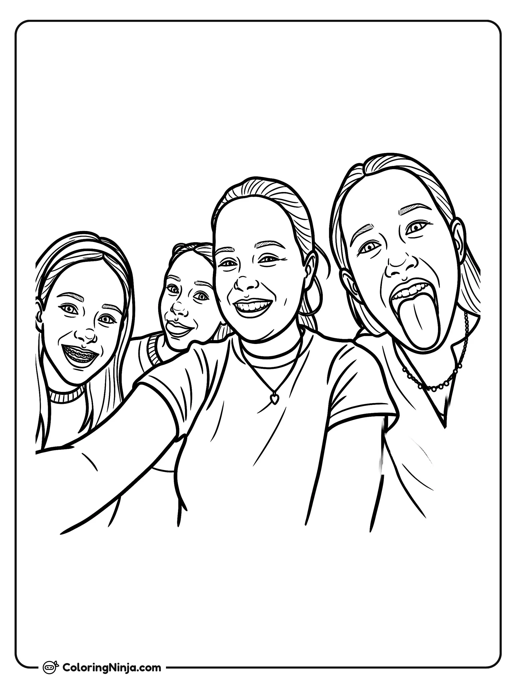 Cuatro amigas sonrientes tomándose una selfie, dibujo para colorear: Cuatro chicas divertidas se juntan para tomarse una foto grupal muy cerca de la cámara. Hacen muecas graciosa, muestran sus frenos y sacan la lengua mientras visten camisetas sencillas.