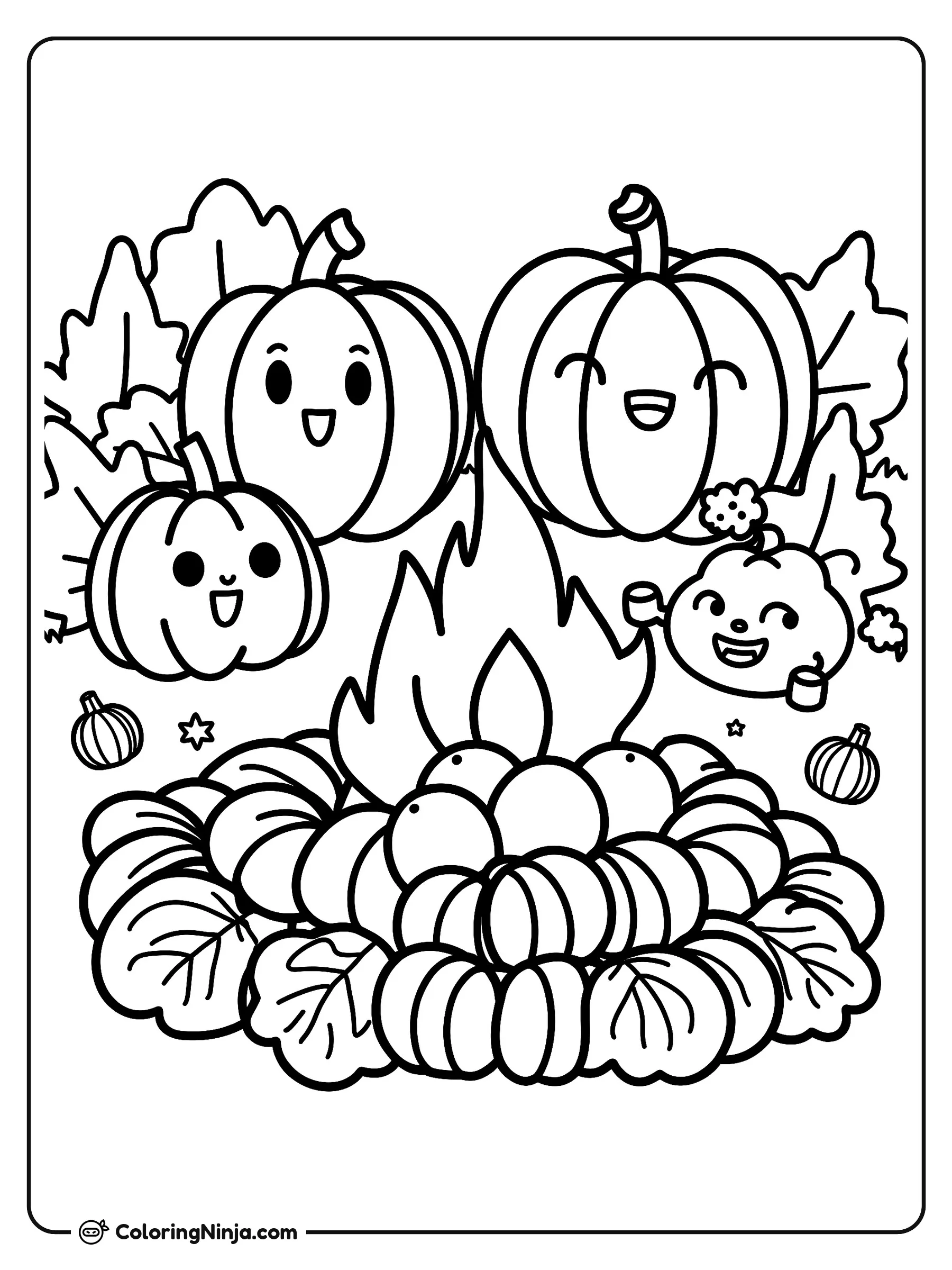 Familia de calabazas junto a la fogata, dibujo para colorear: Una alegre familia de calabazas se reúne alrededor de una fogata rodeada de hojas de otoño y pequeñas calabacitas, mientras una de ellas sostiene malvaviscos en palitos.