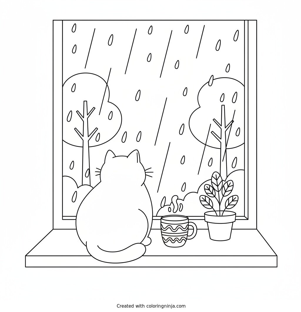 Cat Beside a Rainy Window Coloring Page