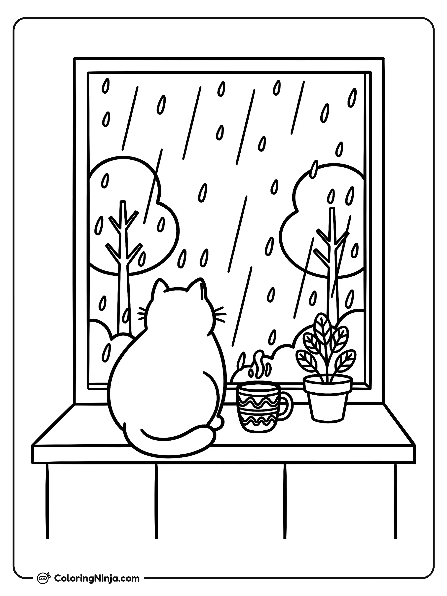 Gato Junto a la Ventana Lluviosa, dibujo para colorear: Un gato sentado en el repisón contempla la lluvia y los árboles a través de la ventana. A su lado descansa una taza decorada junto a una pequeña planta en maceta.
