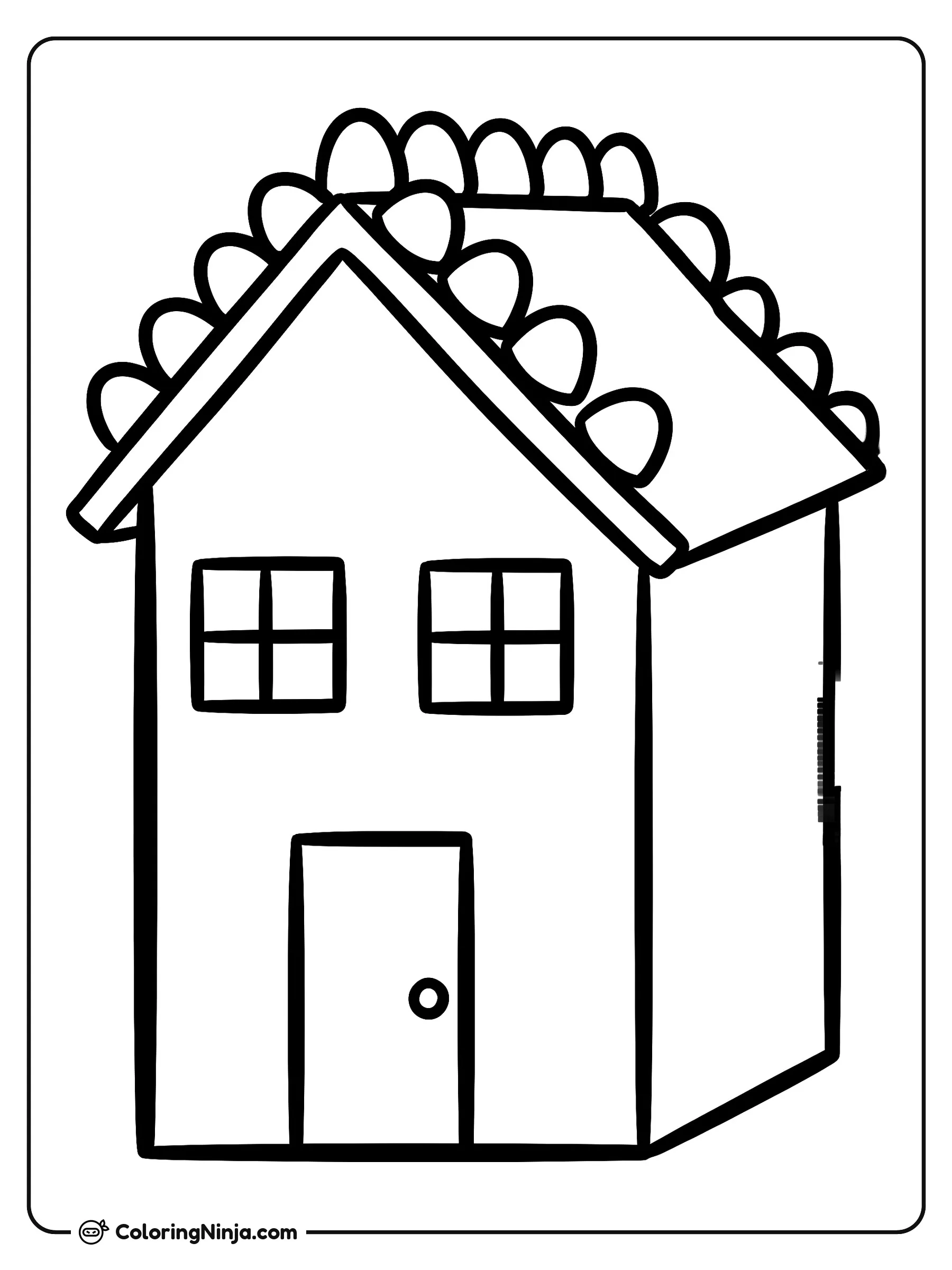 Simple Toddler Gingerbread House Coloring Page: This page features a simple gingerbread house with a basic peaked roof, square windows, a wooden door, and rounded gumdrops along the roof edges.