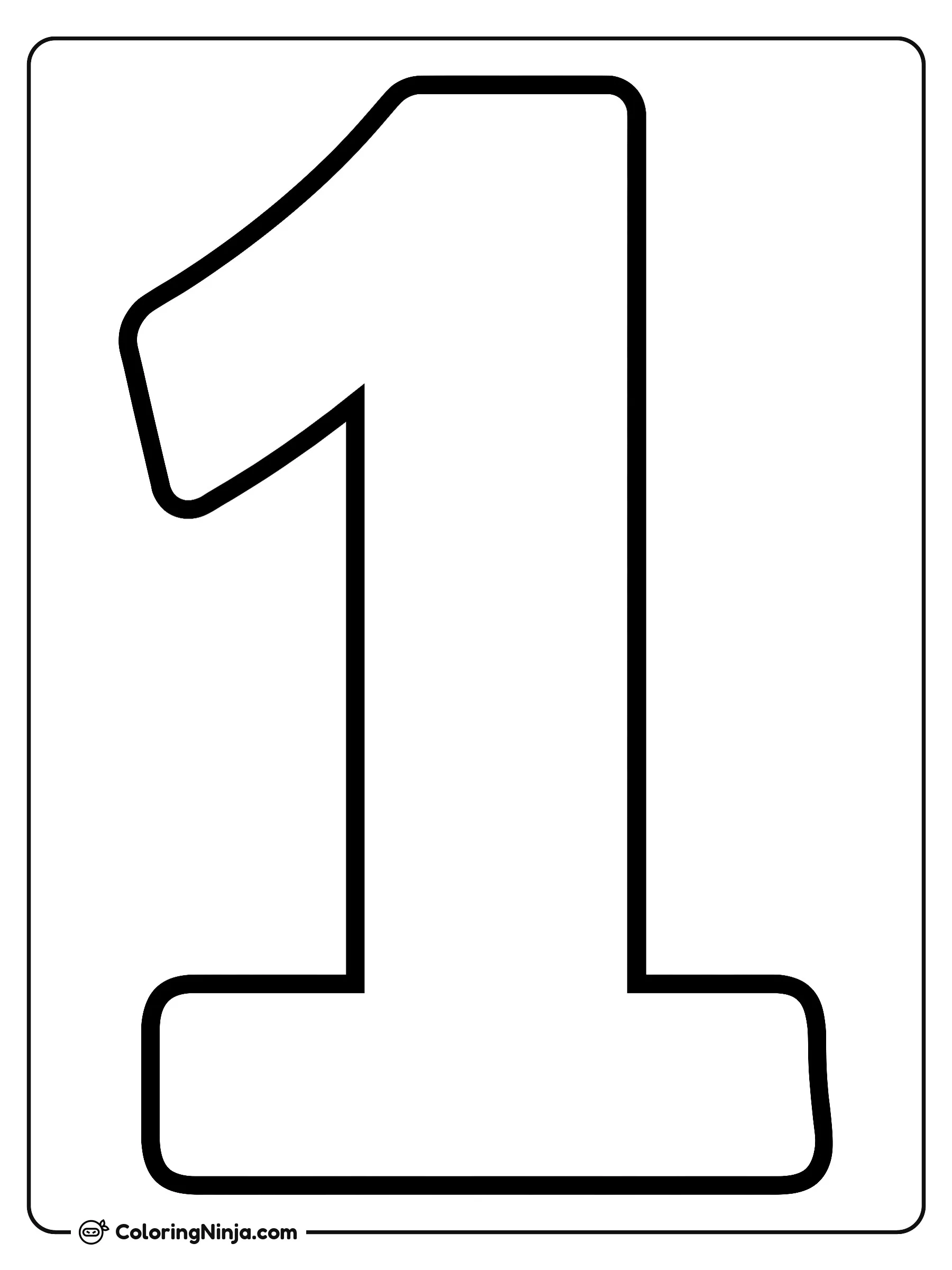 Número uno grande y sencillo, dibujo para colorear: Un número uno grande y en posición vertical ocupa el centro de la imagen. Presenta una base ancha, un cuerpo recto y un gancho inclinado en la parte superior.