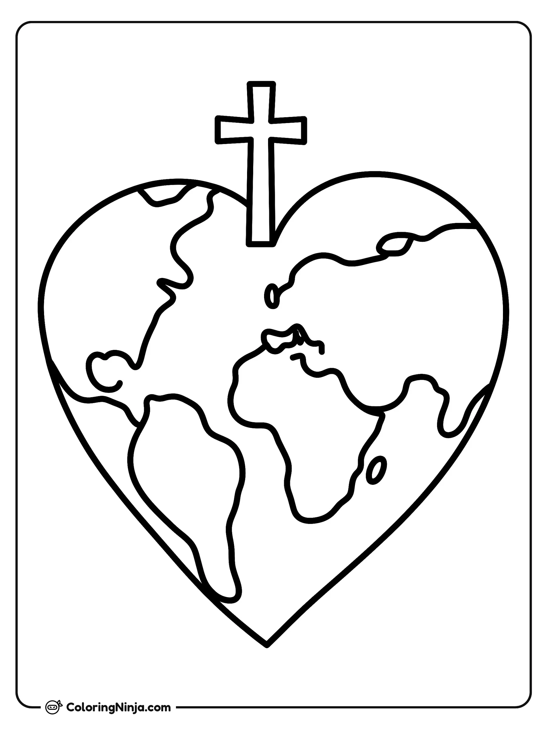Mundo en forma de corazón y cruz, dibujo para colorear: Un globo terráqueo con forma de corazón muestra continentes visibles en su superficie. En la parte superior central se encuentra una cruz cristiana sencilla.