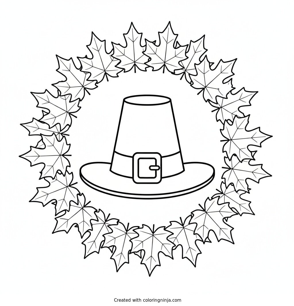 Pilgrim Hat Leaf Wreath Coloring Page