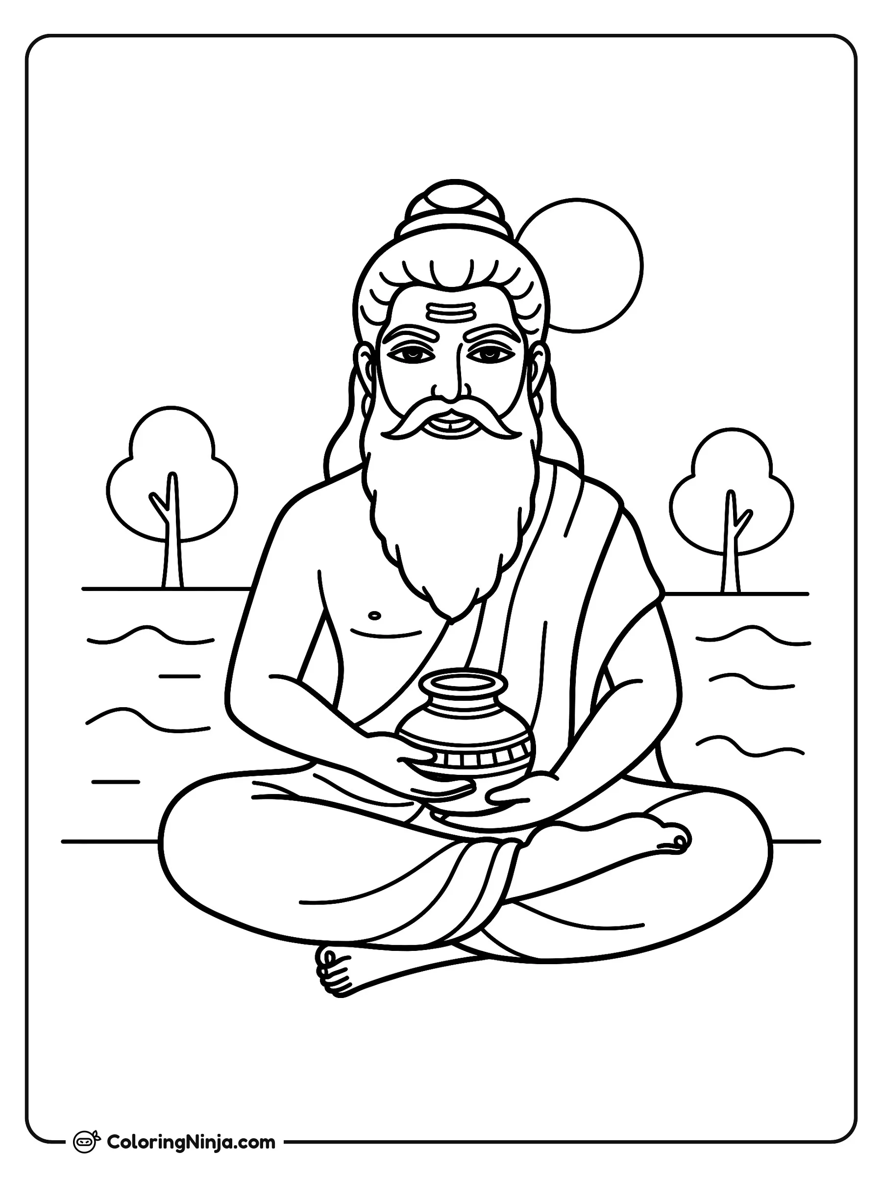 Retrato sencillo del sabio Agastya, dibujo para colorear: El sabio Agastya se encuentra sentado en una posición tranquila con las piernas cruzadas mientras sostiene una pequeña vasija de agua.