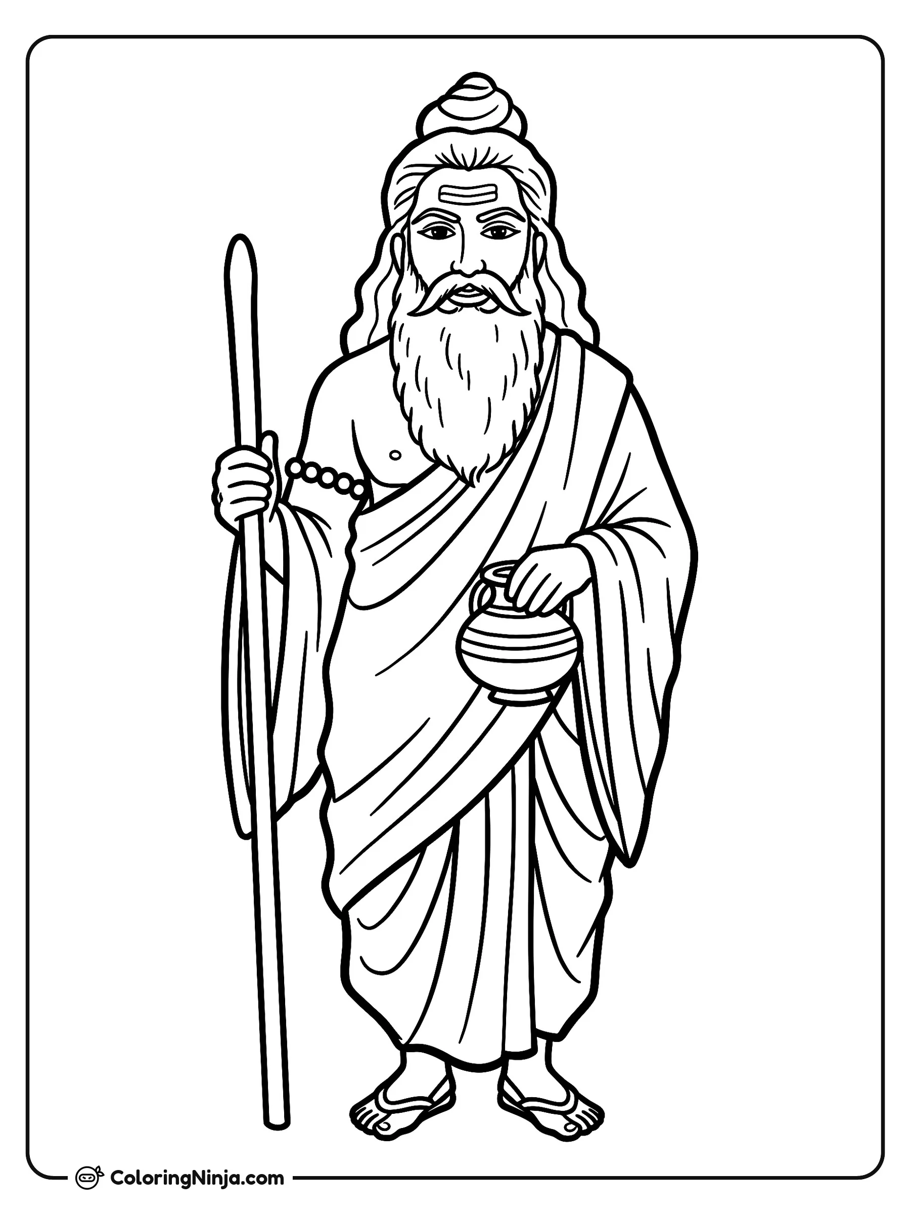 Retrato simple de Vishvamitra, dibujo para colorear: Vishvamitra viste túnicas tradicionales de sabio con el cabello largo recogido en un moño, una larga barba y marcas sagradas en la frente.