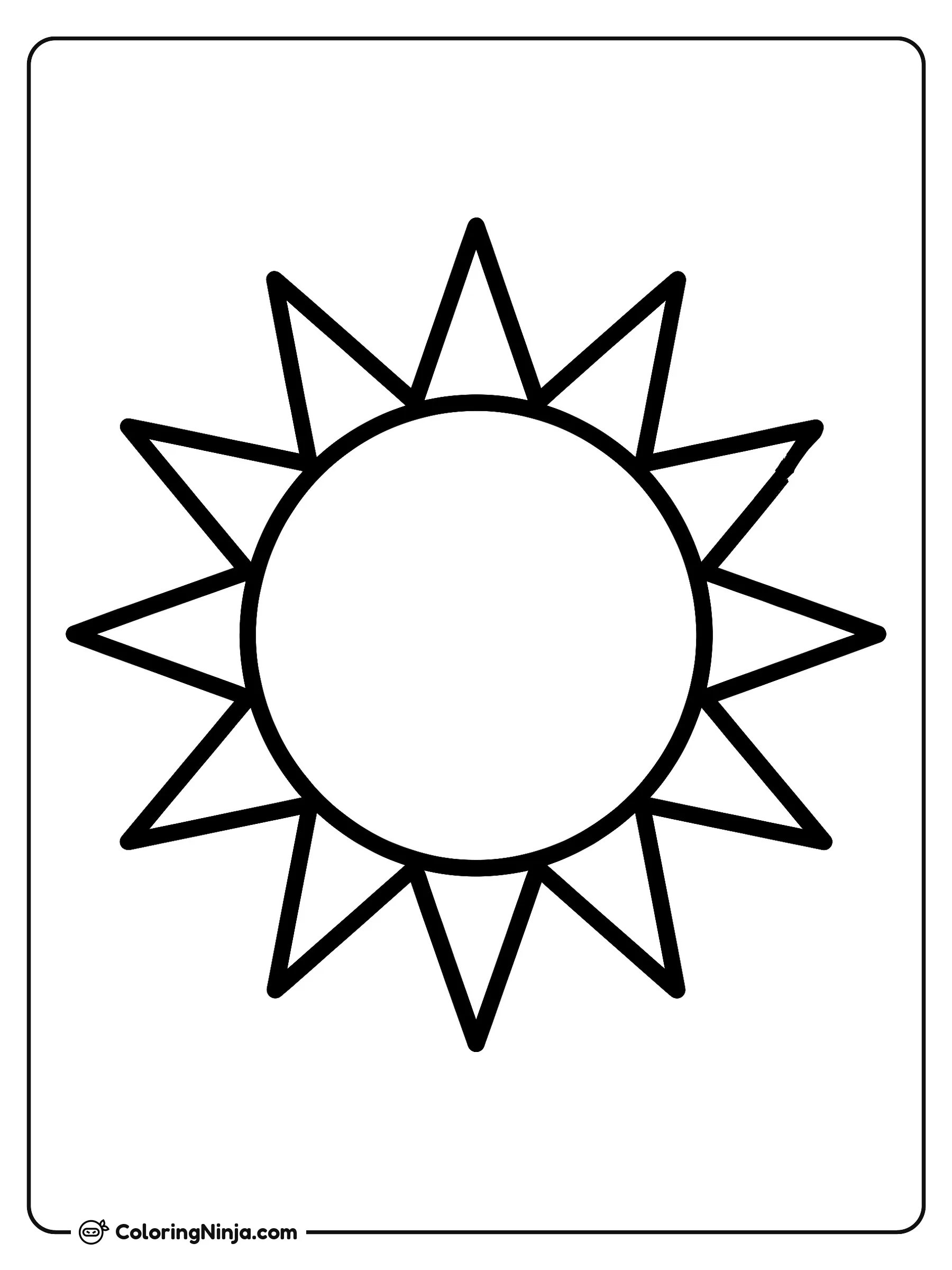 Sol redondo y sencillo, dibujo para colorear: Un sol radiante de forma circular aparece centrado con varios rayos triangulares a su alrededor. Esta imagen sencilla es perfecta para niños pequeños y de preescolar de 2 a 4 años.