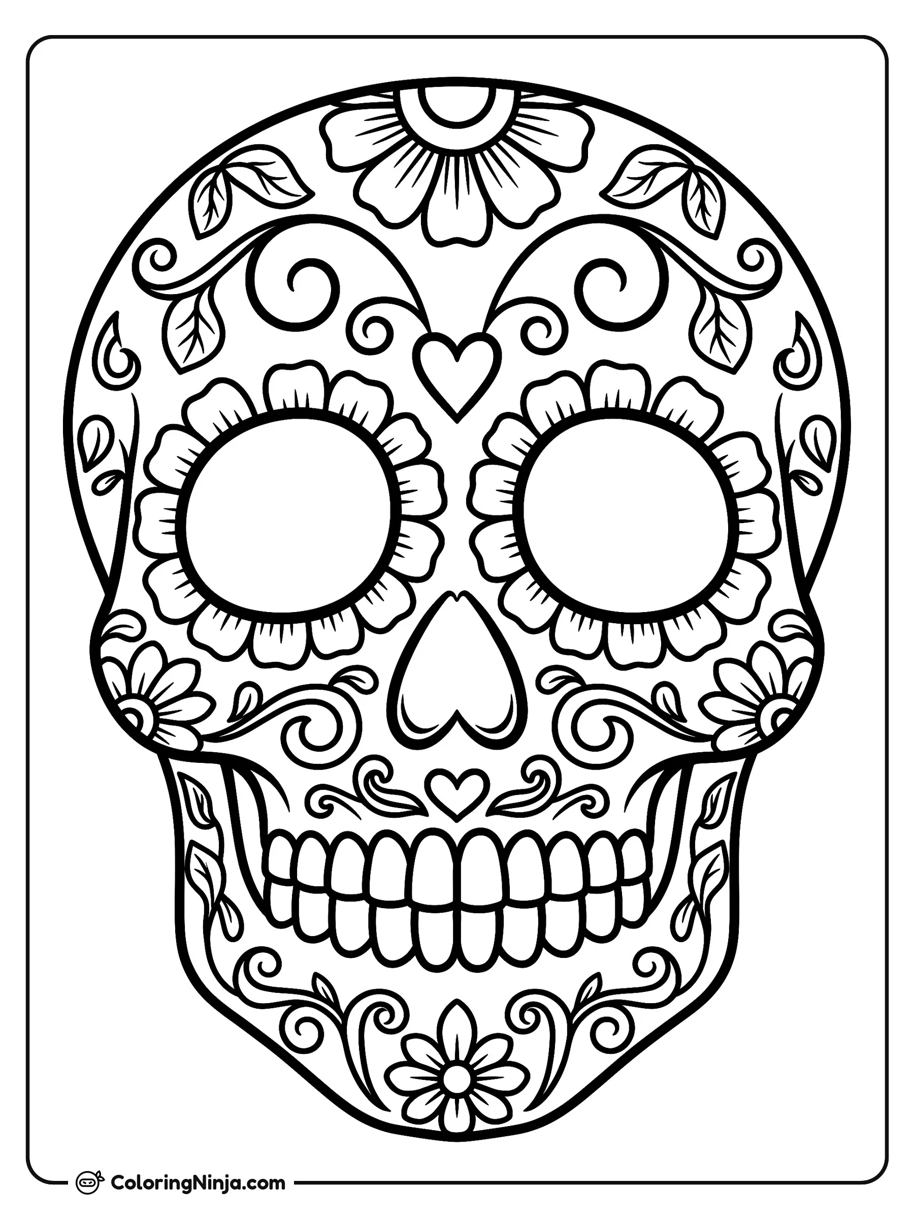 Calavera de azúcar con flores, dibujo para colorear: Esta amigable calavera de azúcar cuenta con grandes pétalos de flores alrededor de las cuencas de los ojos, una nariz en forma de corazón y una suave sonrisa.