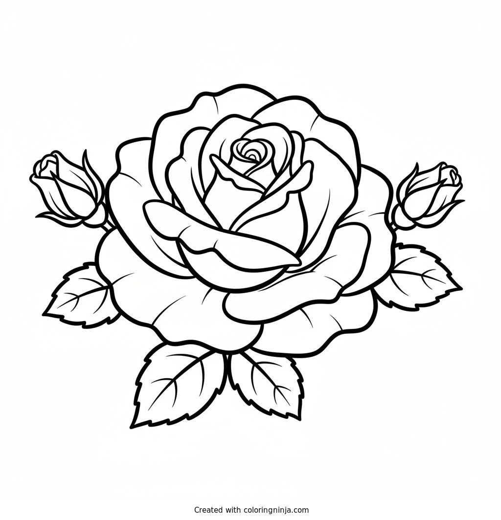 Rosa Grande Abierta con Capullos: dibujo para colorear