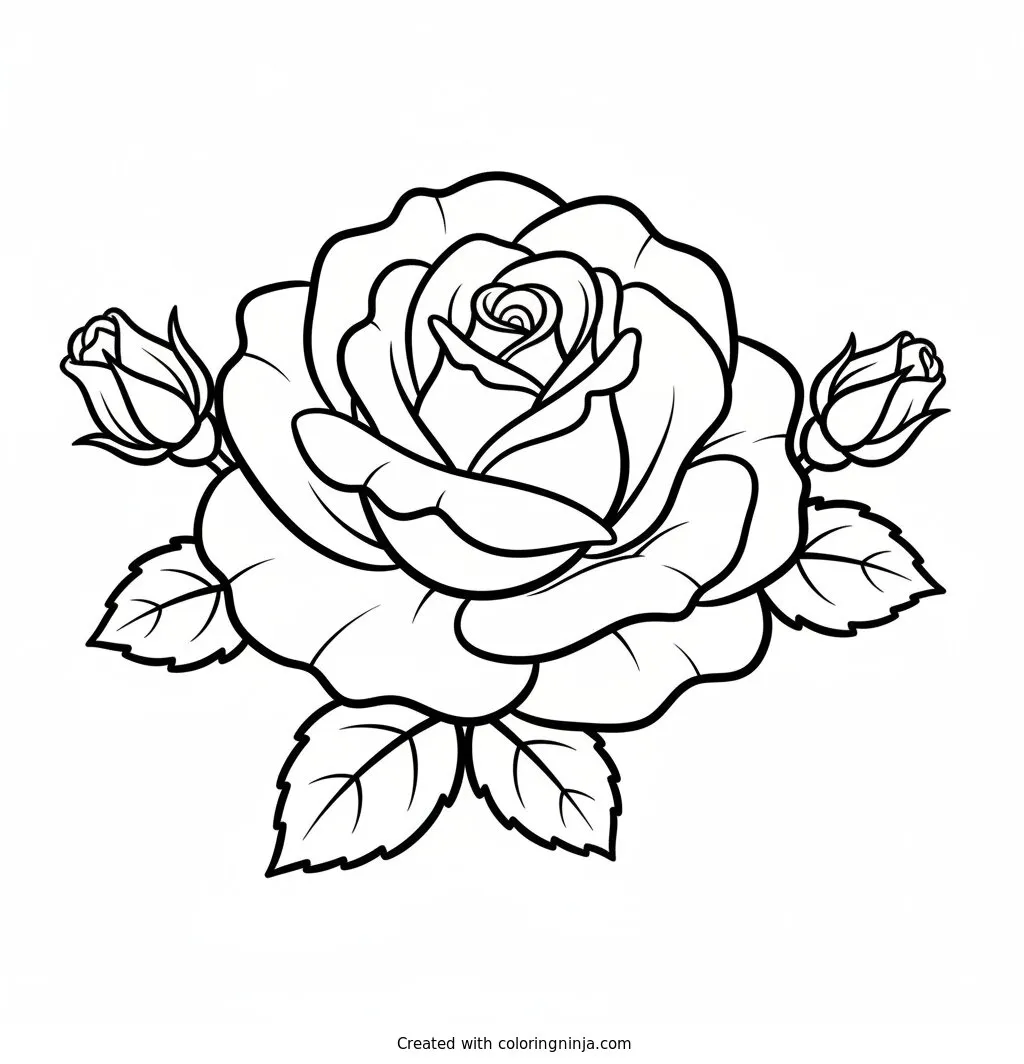 Rosa Grande Abierta con Capullos, dibujo para colorear: Esta página presenta una gran rosa en plena floración acompañada por dos pequeños capullos a los lados. Elegantes hojas verdes rodean el tallo debajo de la flor principal.