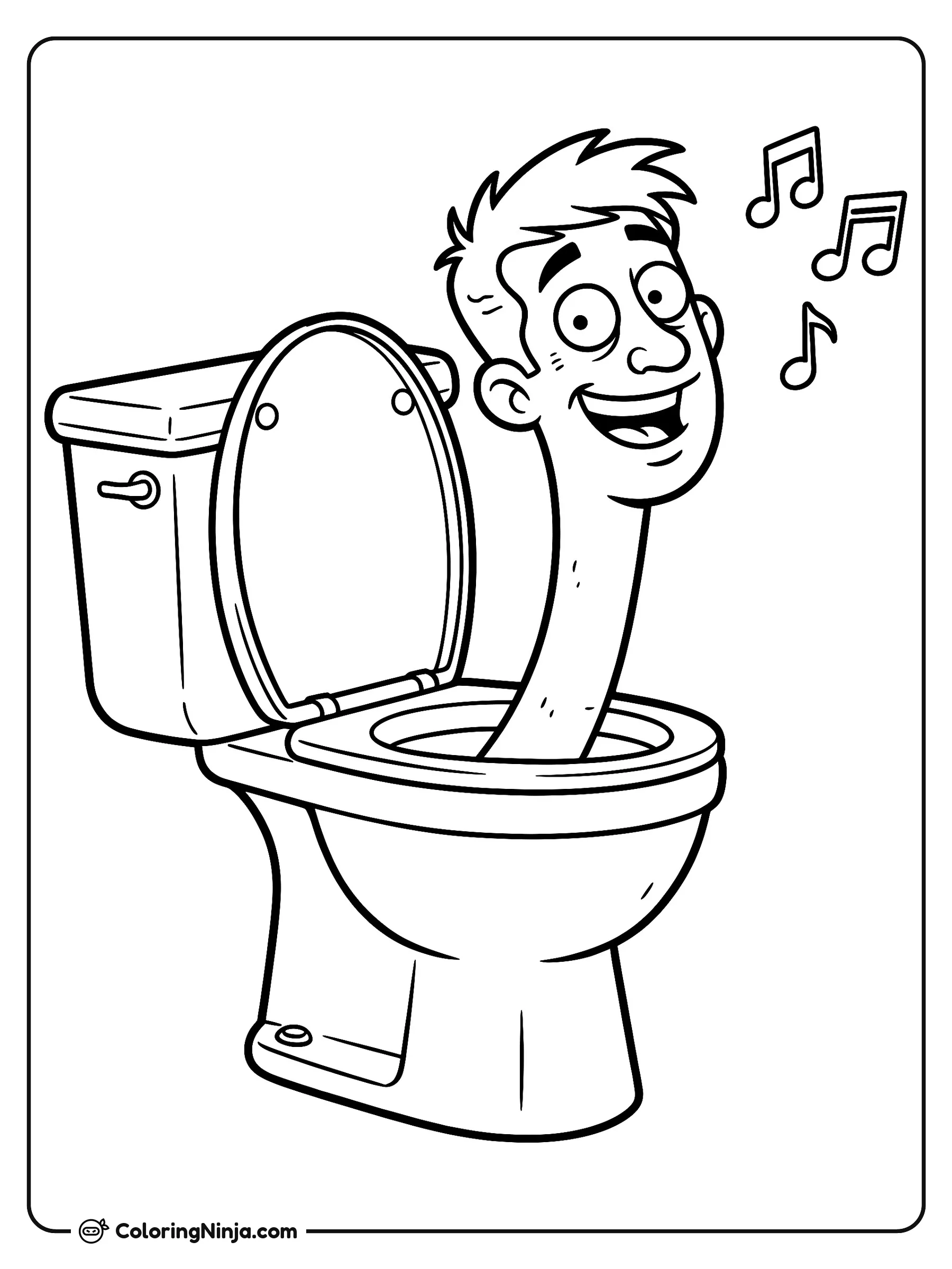 Personaje alegre de Skibidi Toilet, dibujo para colorear: Un alegre personaje de Skibidi Toilet asoma su largo cuello desde el inodoro con una gran sonrisa. Notas musicales flotan a su alrededor como si estuviera cantando una divertida canción.