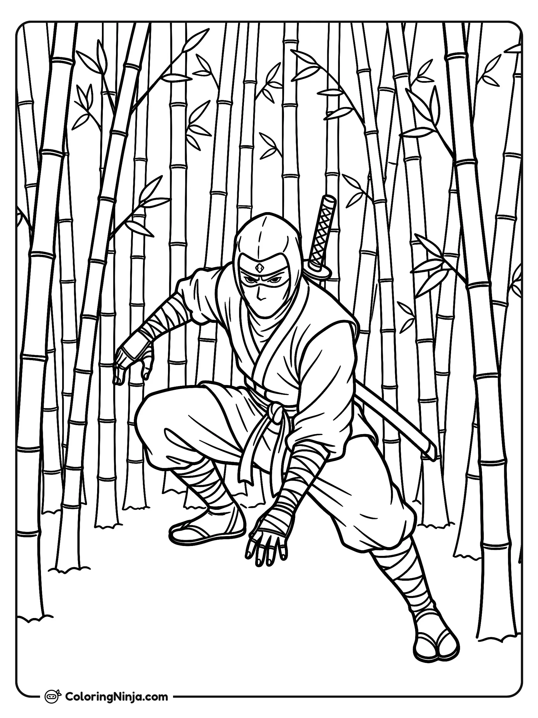 Paseo Sigiloso en el Bosque de Bambú, dibujo para colorear: Un ninja enmascarado se agacha en una postura sigilosa mientras viste su traje tradicional y lleva una espada en la espalda.