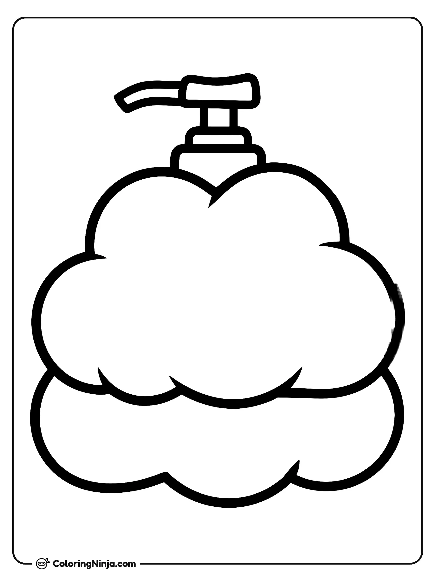 Botella dispensadora con forma de nube, dibujo para colorear: Una adorable botella dispensadora con forma de esponjosa nube se mantiene de pie con su dosificador en la parte superior.