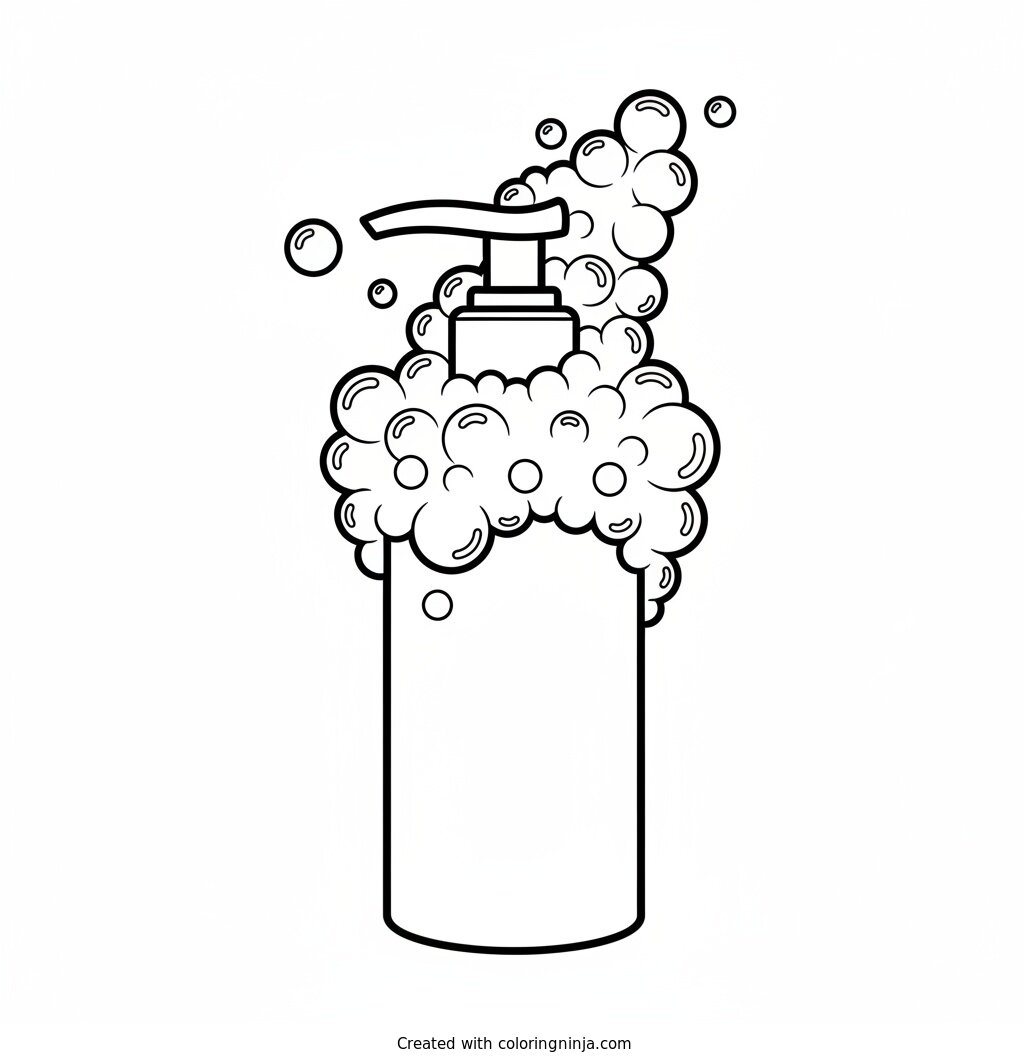 Coloring page of Skincare face wash bottle with foam bubbles coming out