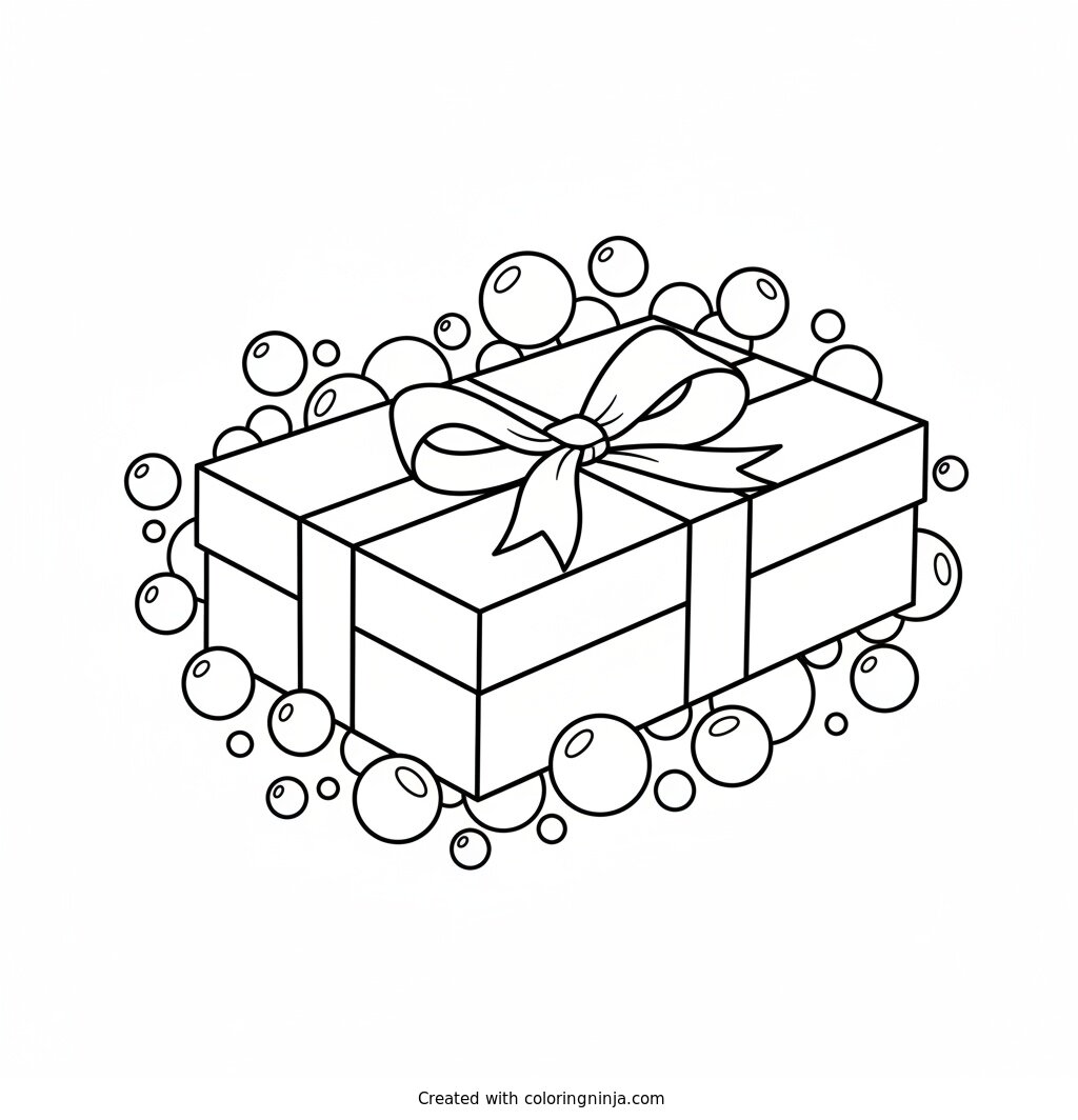Coloring page of Skincare gift box set with ribbon and bubbles
