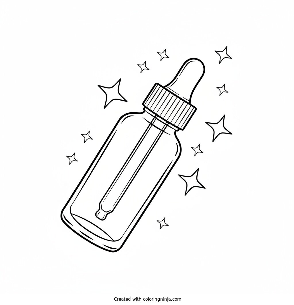 Coloring page of Skincare serum dropper bottle with sparkles