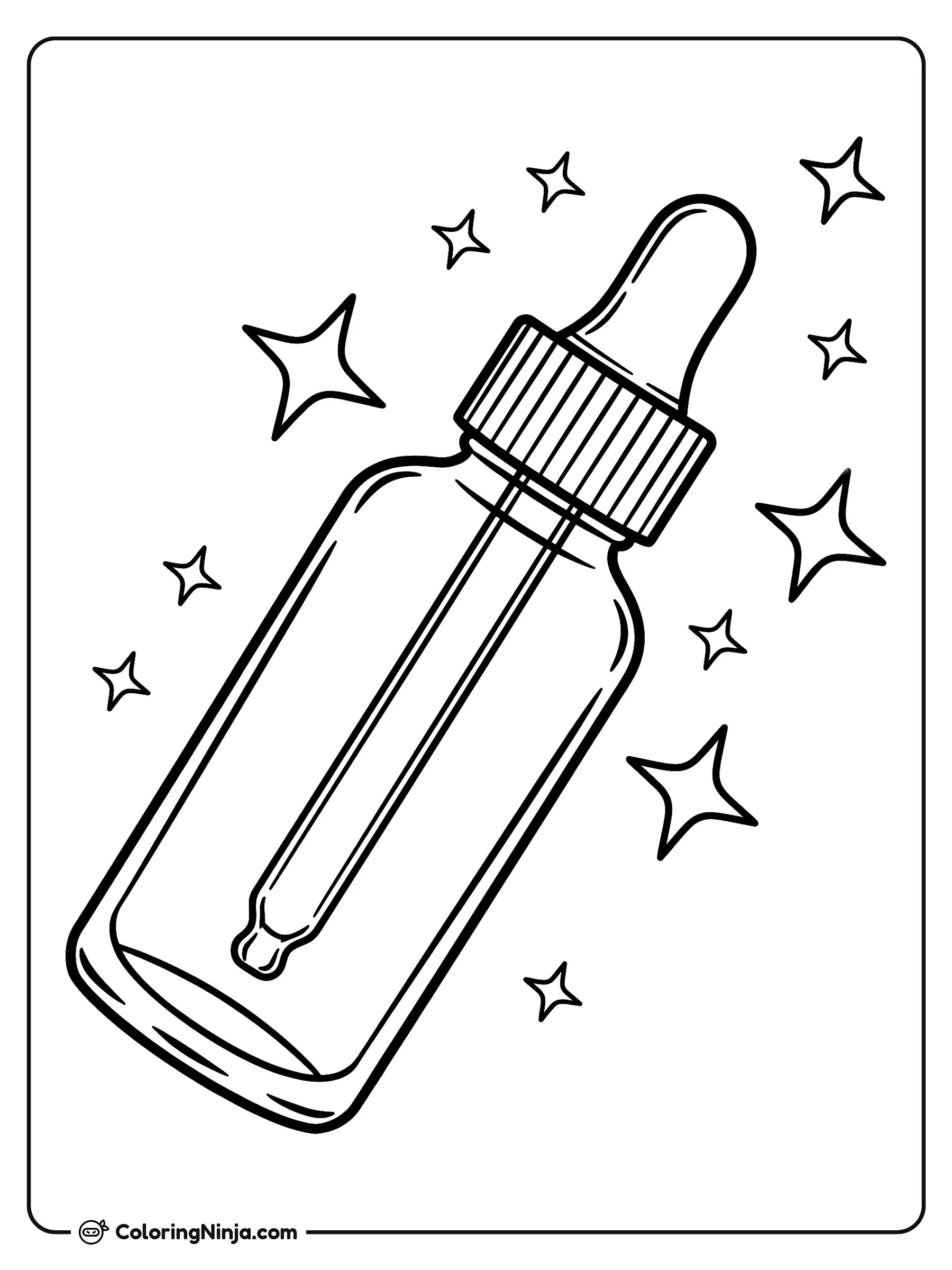 Frasco de suero facial con destellos, dibujo para colorear: Un frasco de suero para el cuidado de la piel se muestra ligeramente inclinado con su gotero de vidrio en el interior.