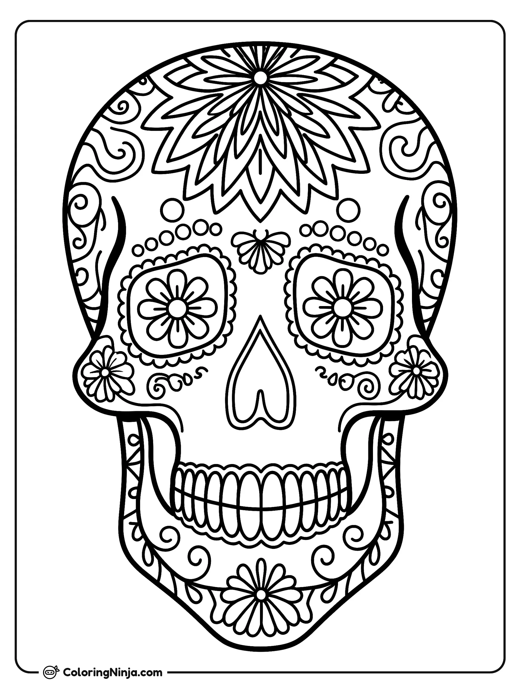Mandala de Calavera de Azúcar Intricada, dibujo para colorear: Una calavera de azúcar con estilo mandala presenta elaborados motivos decorativos en toda su superficie.